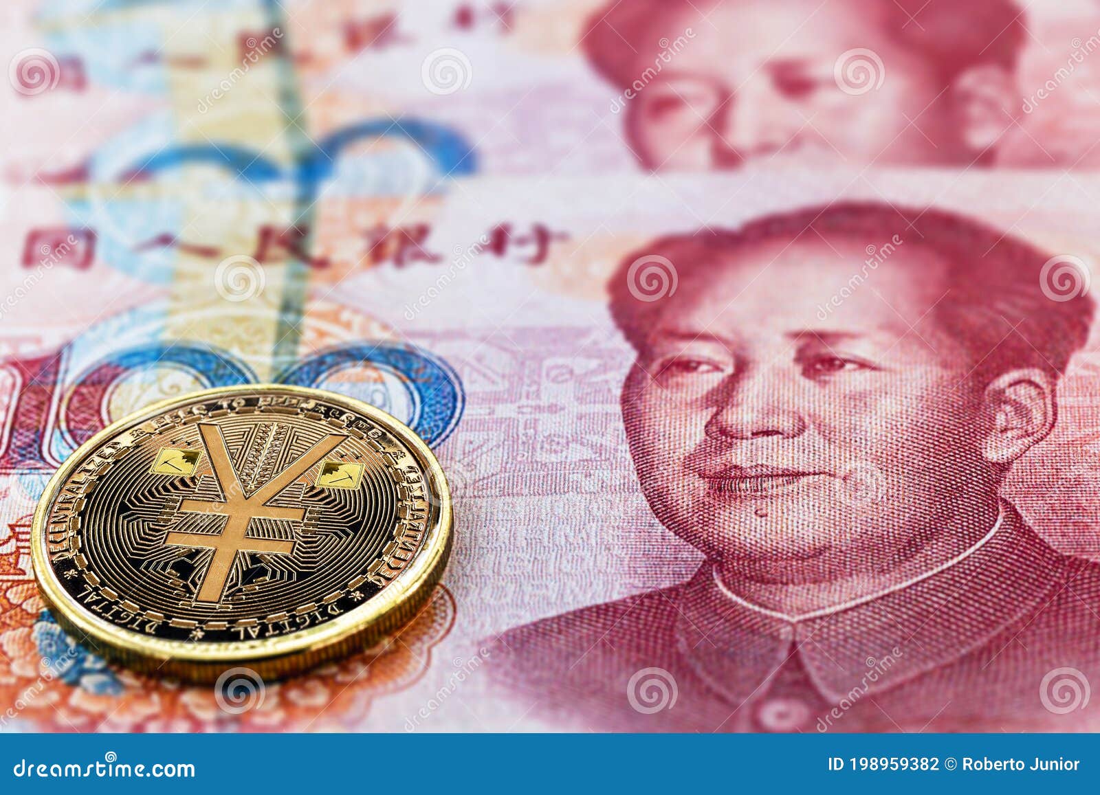 one hundred yuan banknotes, next to an e-rmb gold coin, digital version of the yuan. concept of new digital currency of the