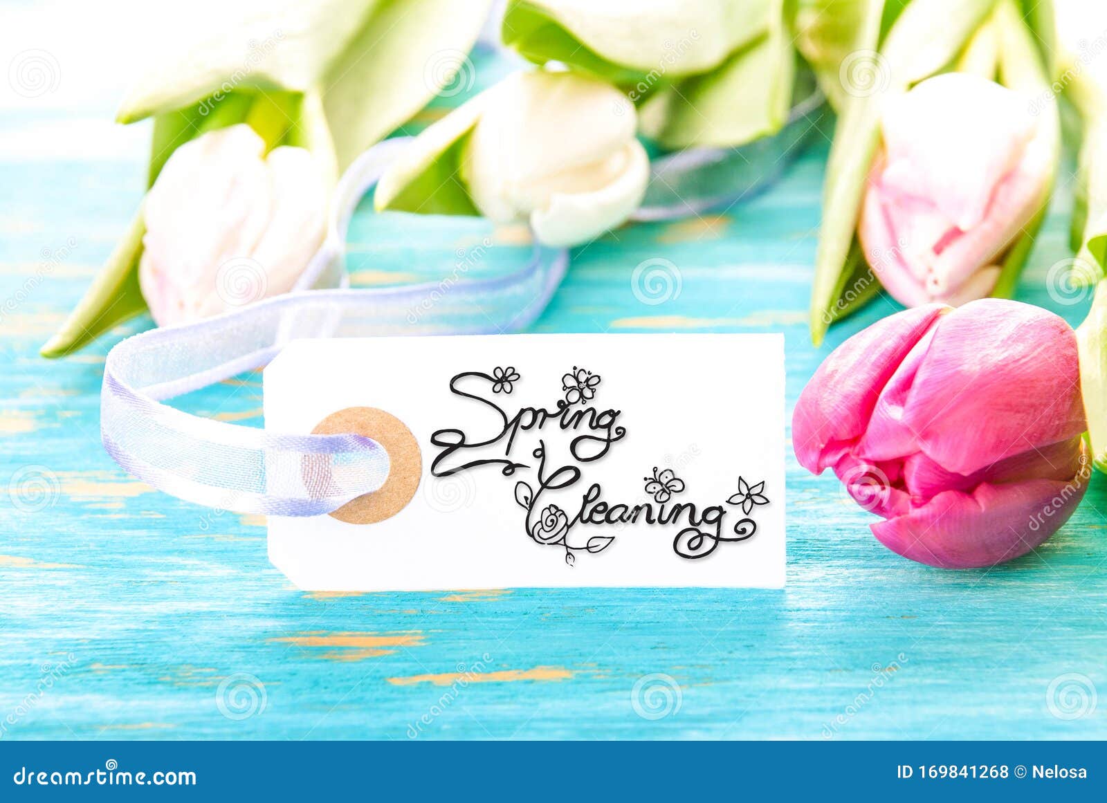 Label with Calligraphy Spring Cleaning, Tulip Blossom Stock Photo ...