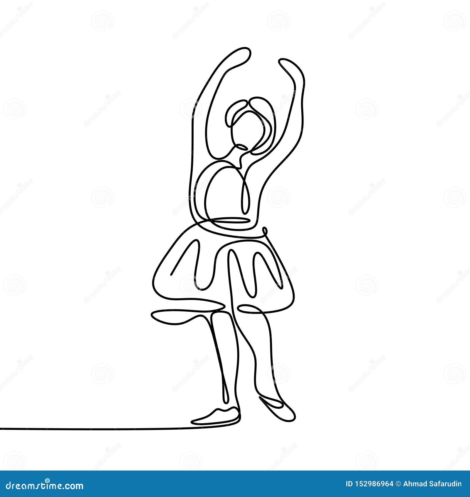 One Line Art, Drawing of a Young Girl Dancing, Wearing Dress, Vector ...