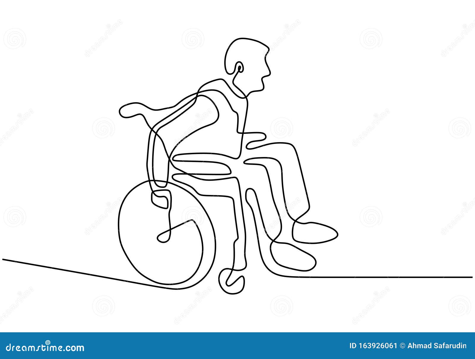 one line disability person on wheelchair.  people with injury and broken legs need medical help. drawing of simplicity
