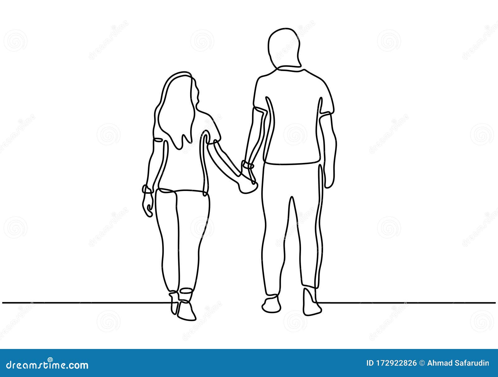 One Line Drawing Couple Holding Hands. Romantic Theme Design, Vector