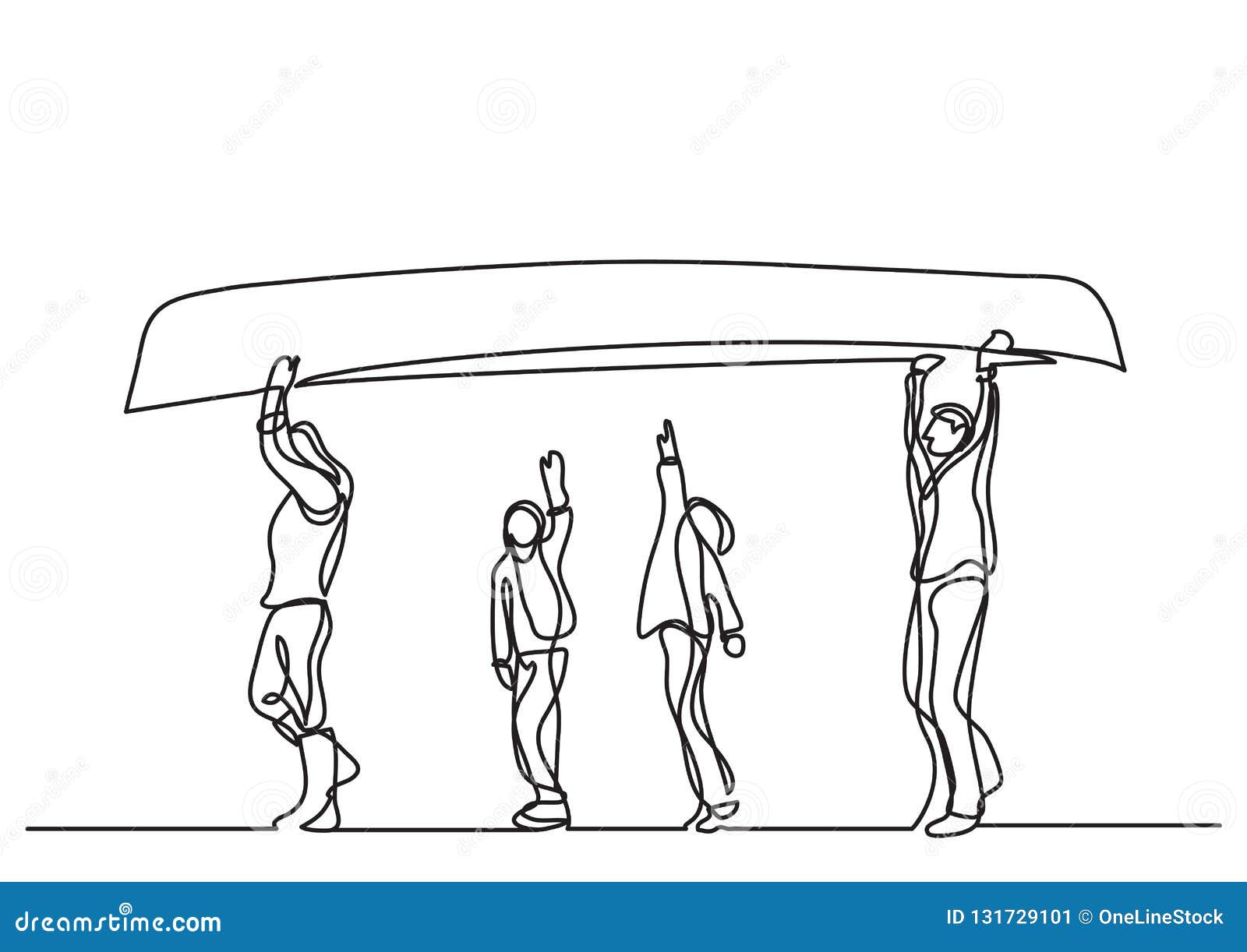one line drawing of family carrying kayak