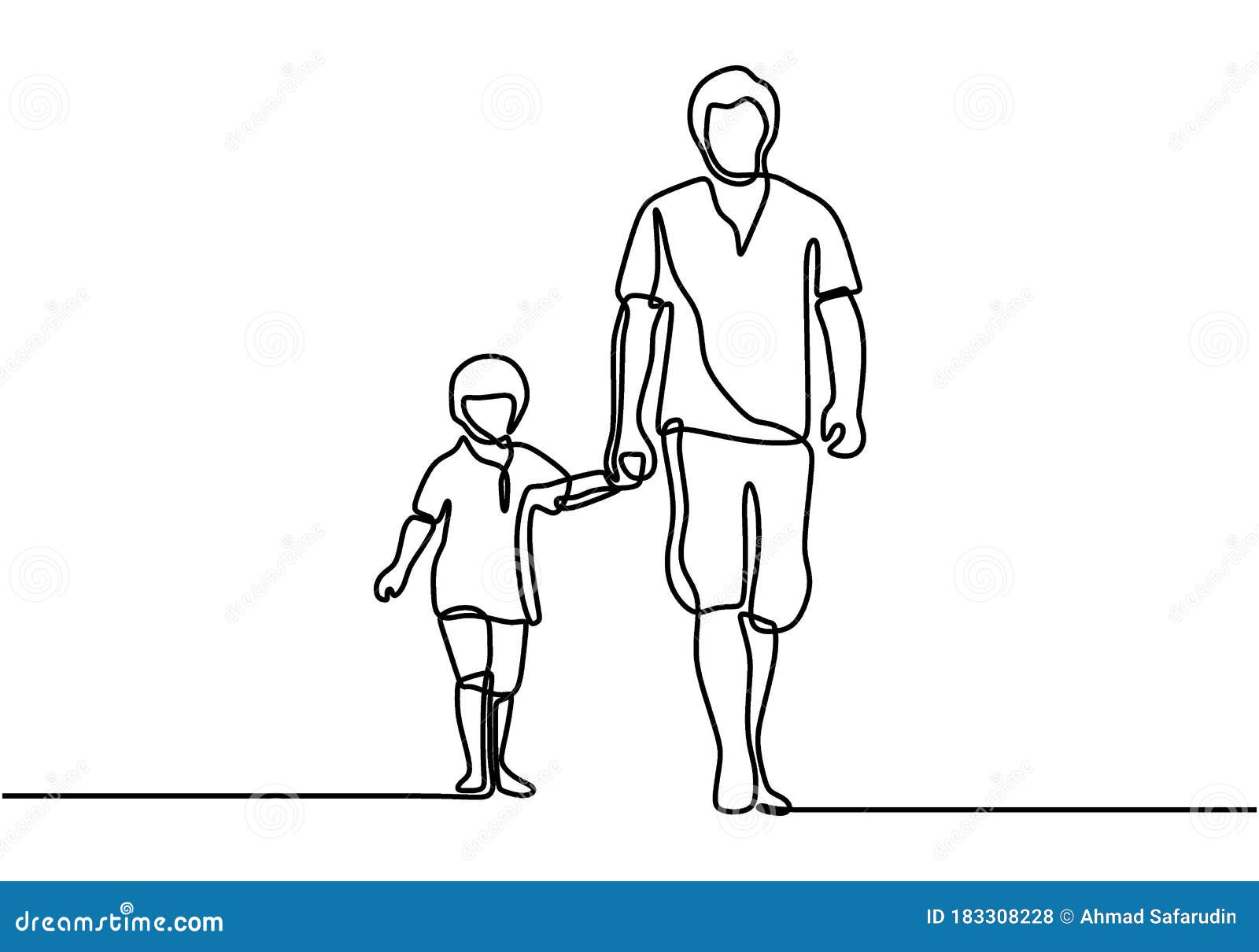 One Line Drawing of Father and His Son Walking Minimalist Design. Happy