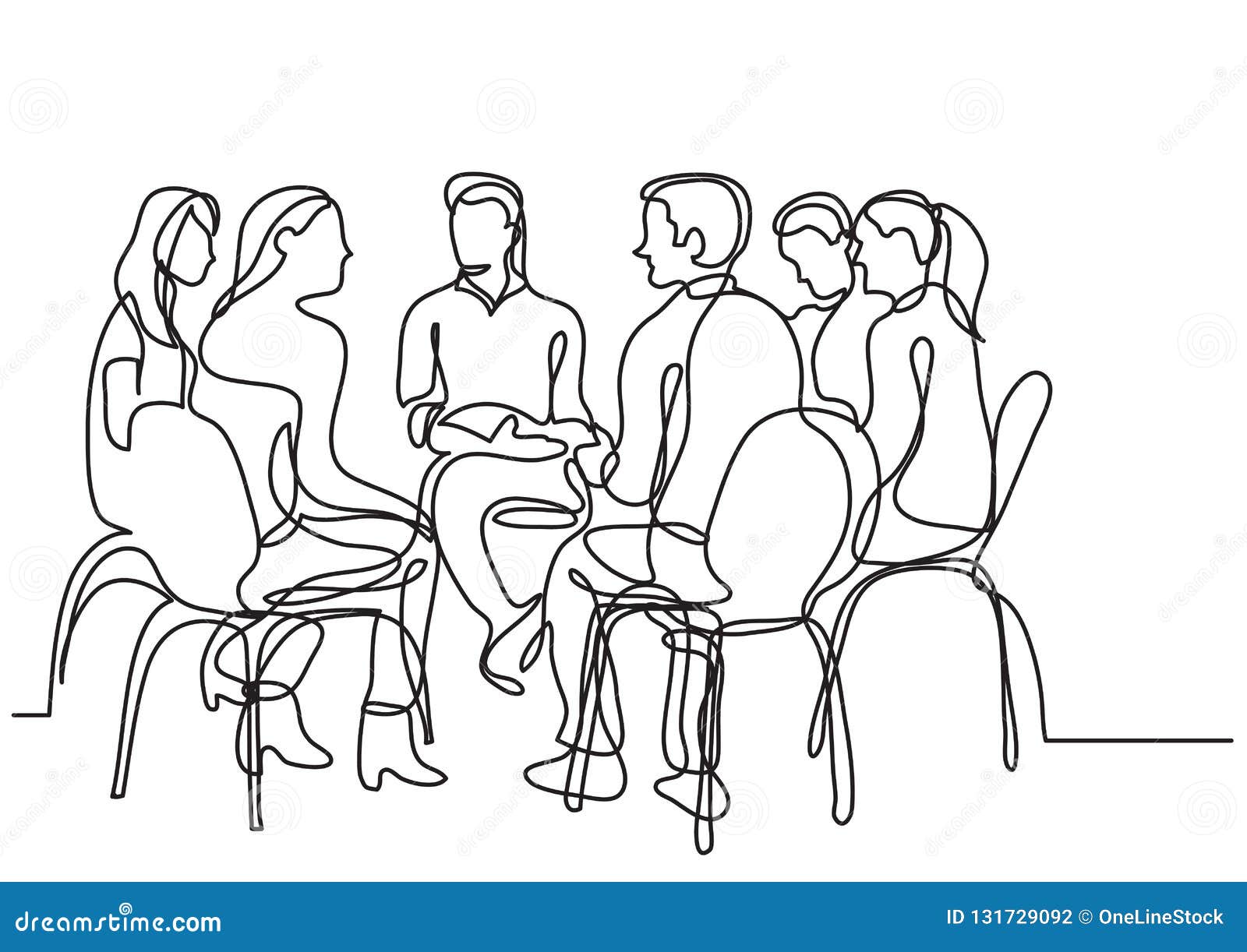 one line drawing of group of young people talking