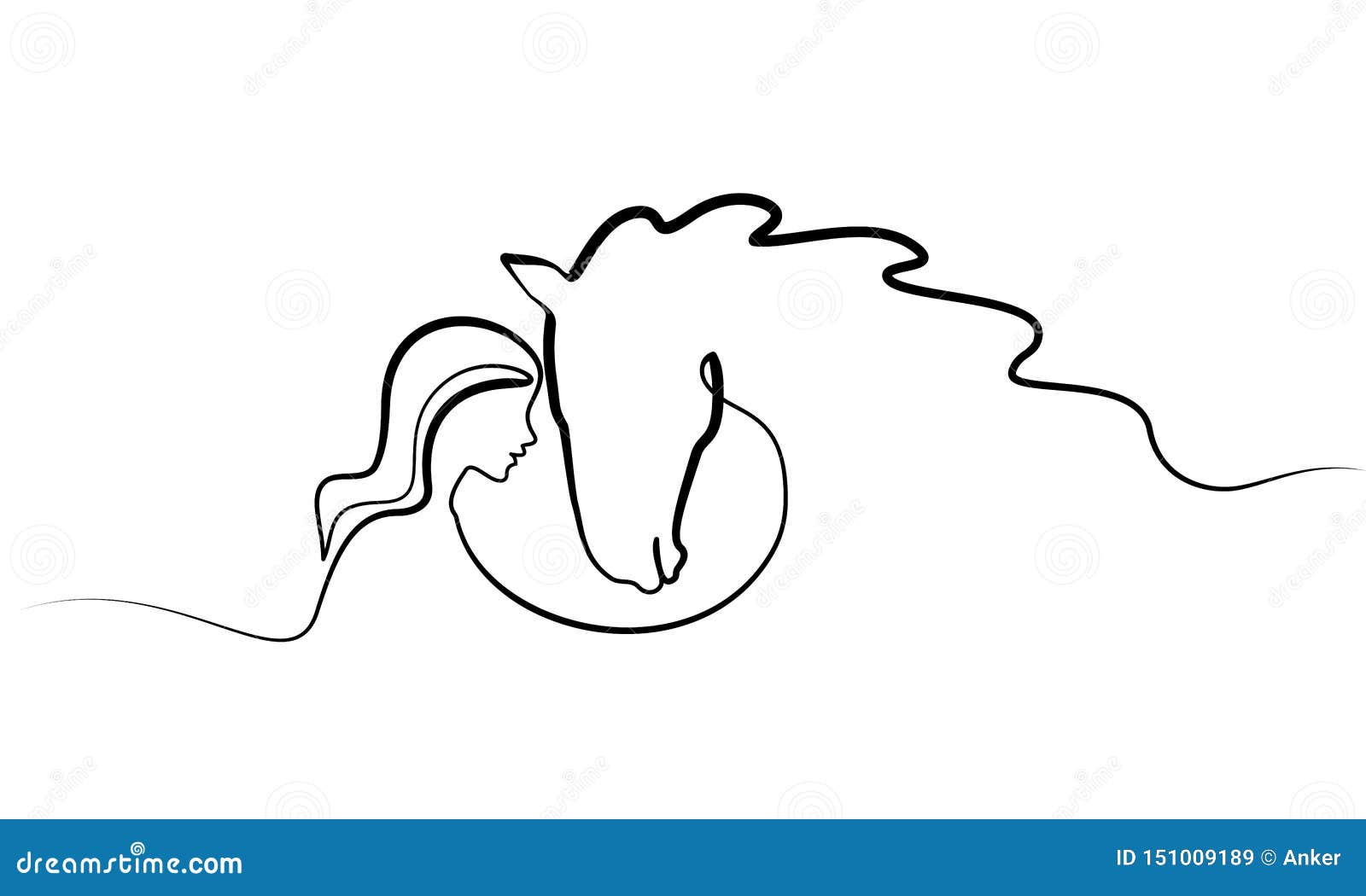 one line drawing. horse and woman heads logo
