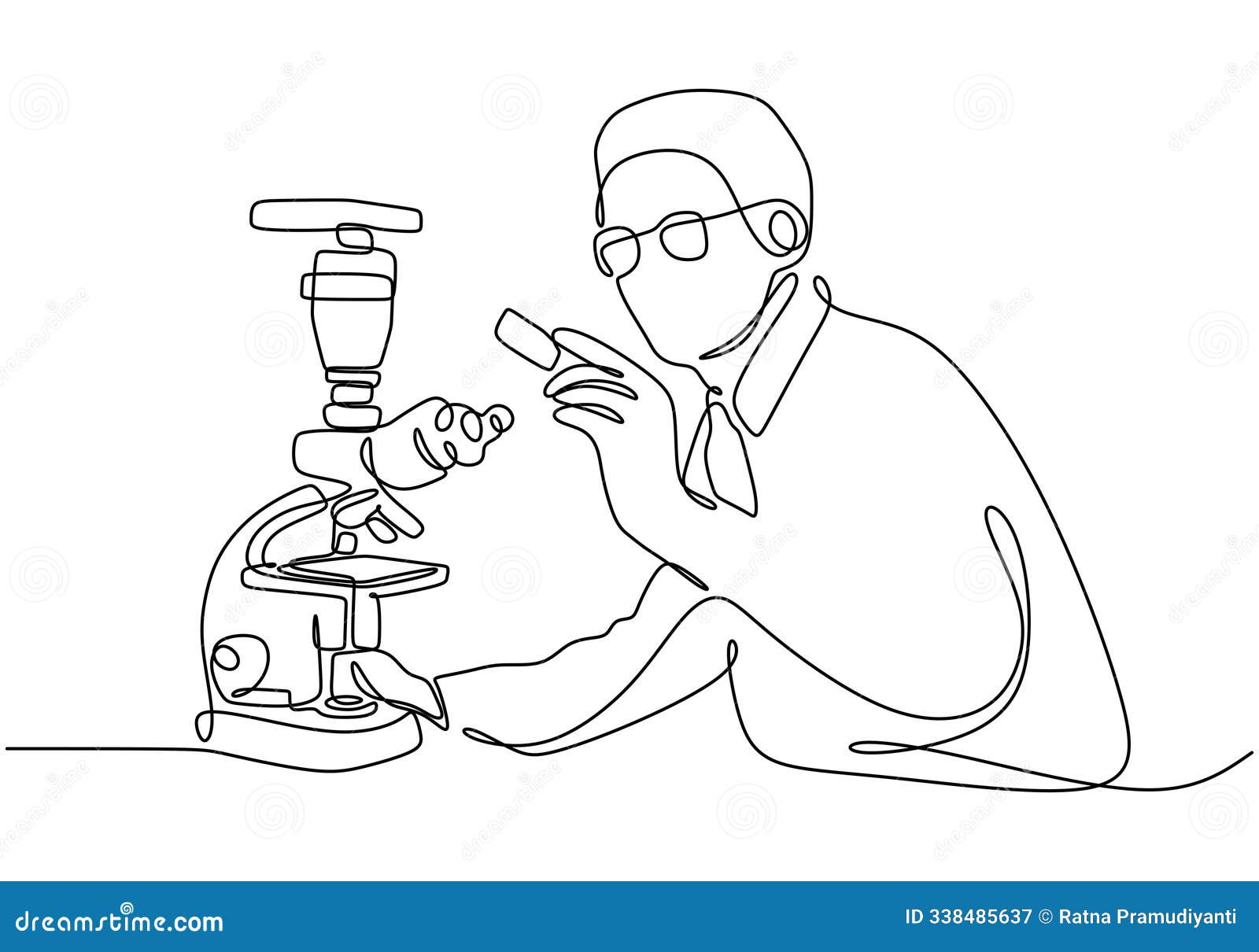 one line drawing of a scientist focused on a microscope, representing dedication to exploration and innovation