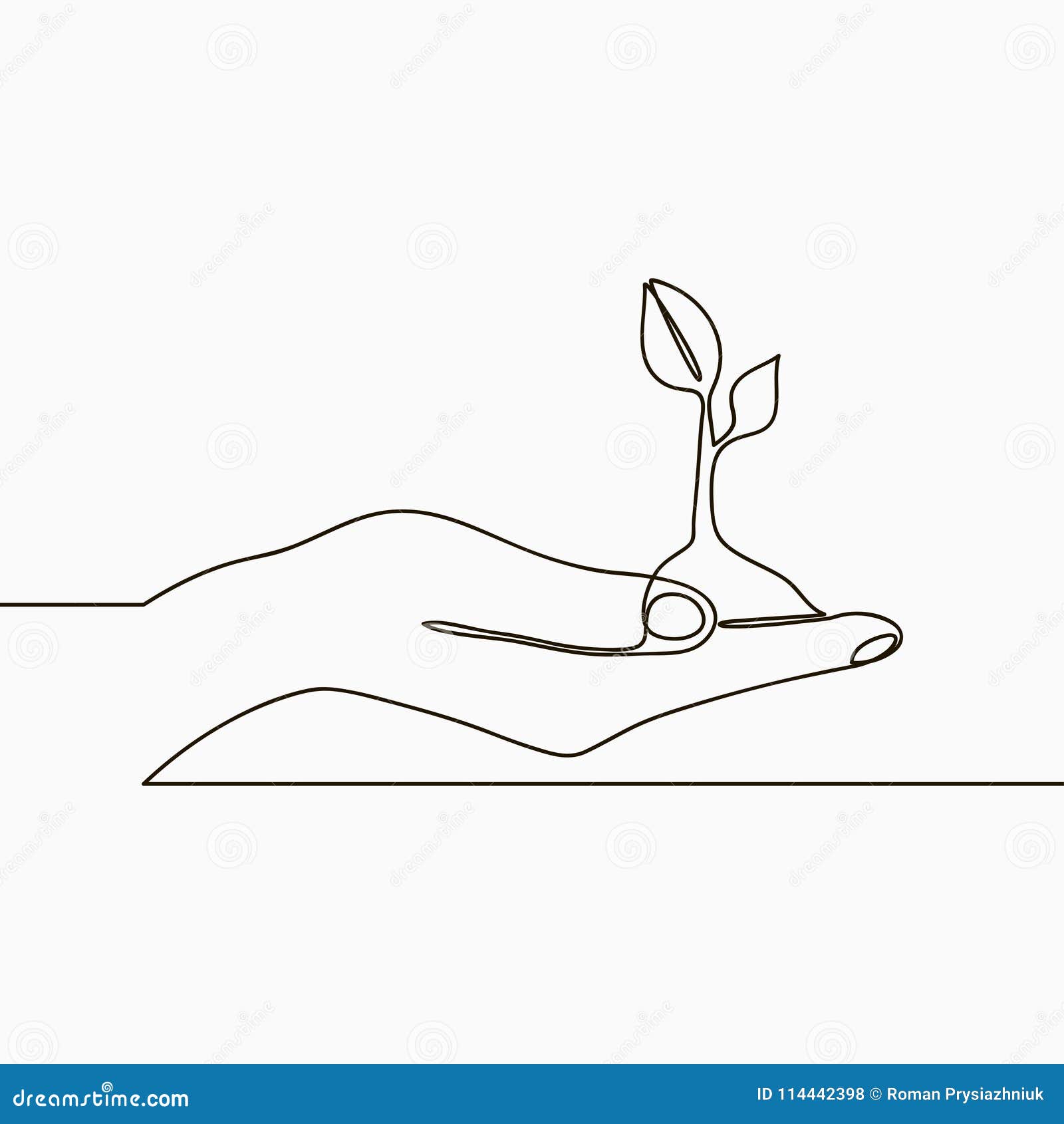 one line drawing of sprout in hand. continuous line growing plant in hand palm. hand-drawn .