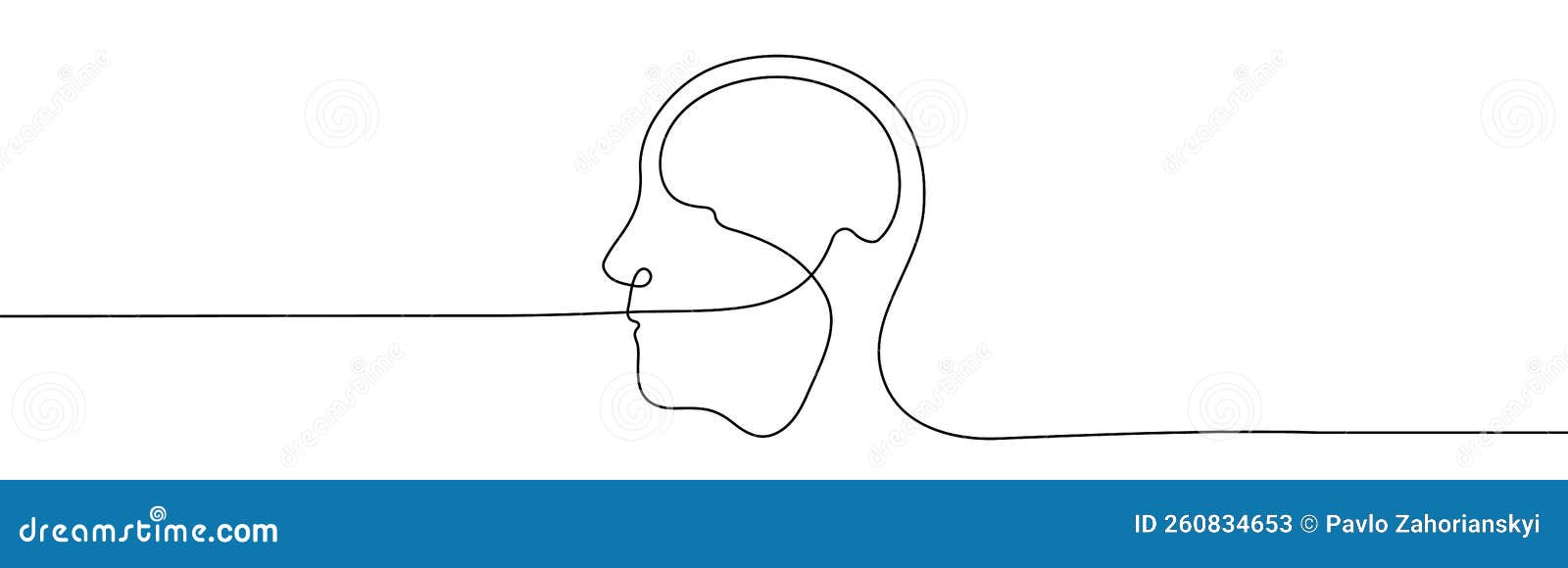 one line  of man head with brain. continuous.  illutsration of thinking man.