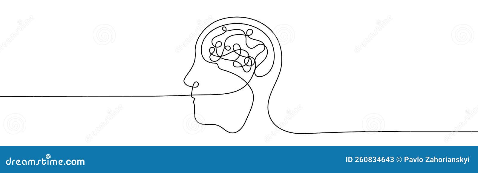 one line  of man head with brain. continuous.  illutsration of thinking man.