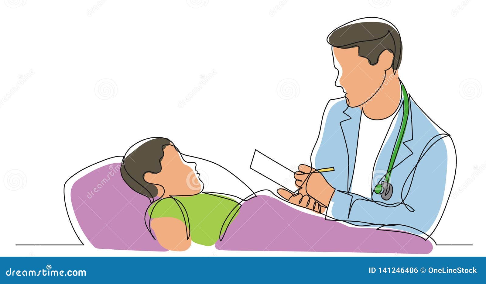 one line vector drawing of hospital man doctor examining child patient  making notes Stock Vector | Adobe Stock