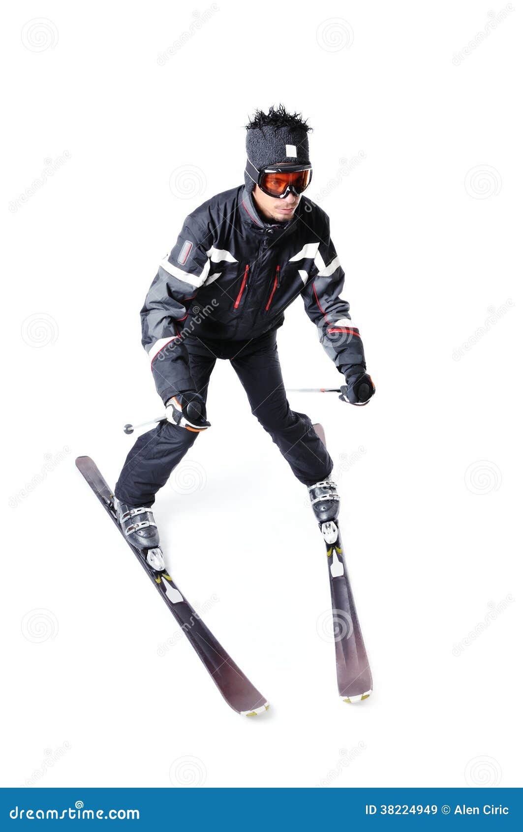 Miniature Skier Action White Background Copy Stockfoto 2079812806