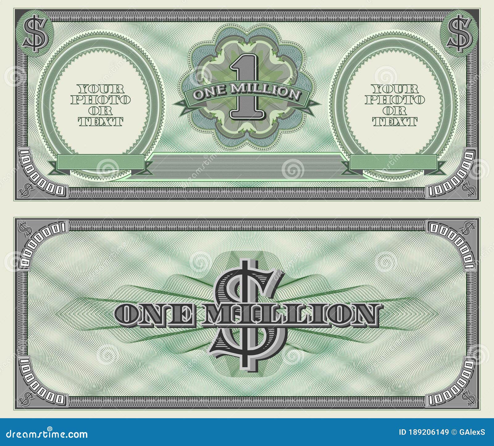 One Million Dollars. Sample Green Banknote with Two Ovals for Your