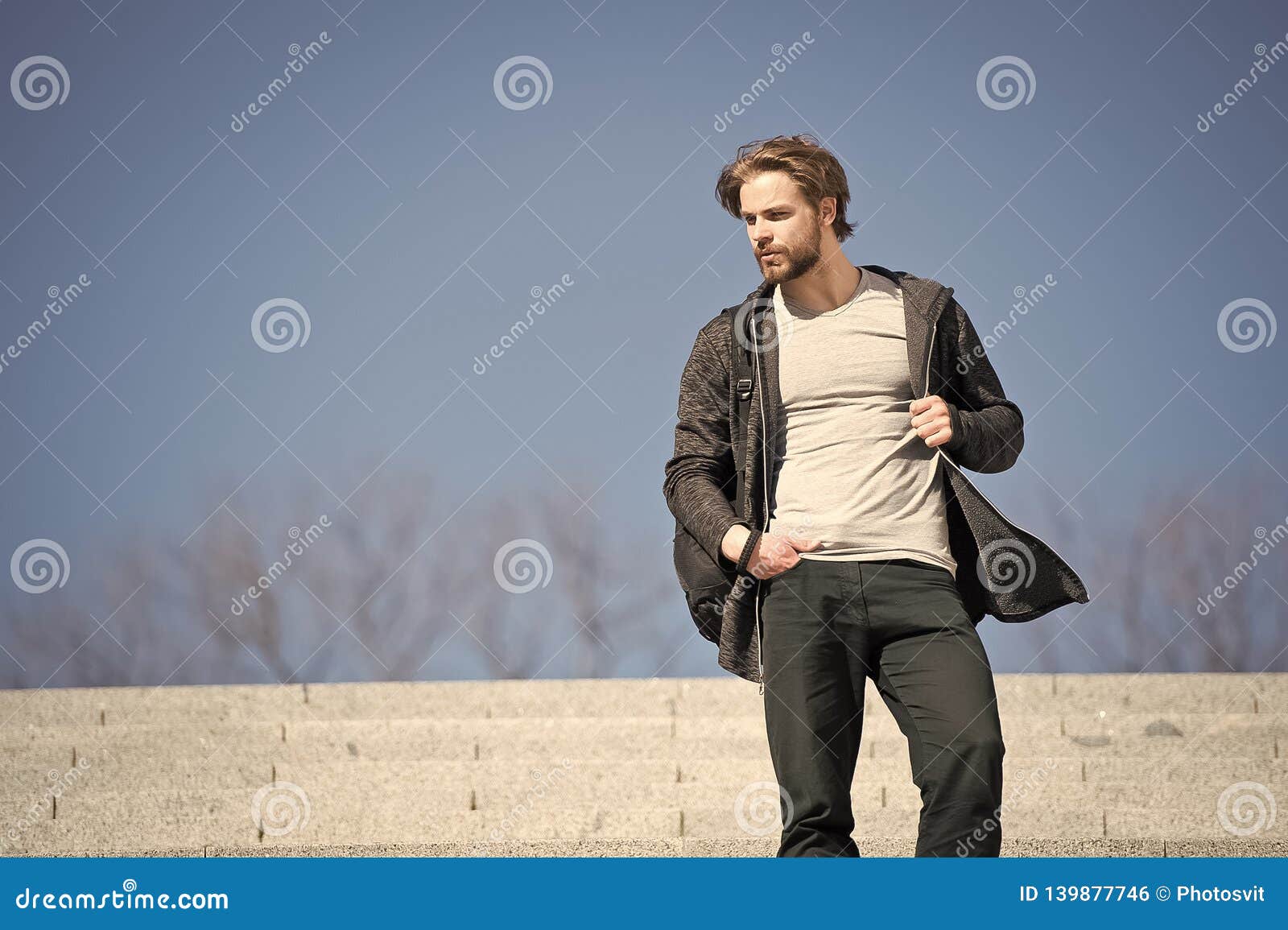 One More Step. Man Handsome Guy Enjoy Morning Walk Blue Sky