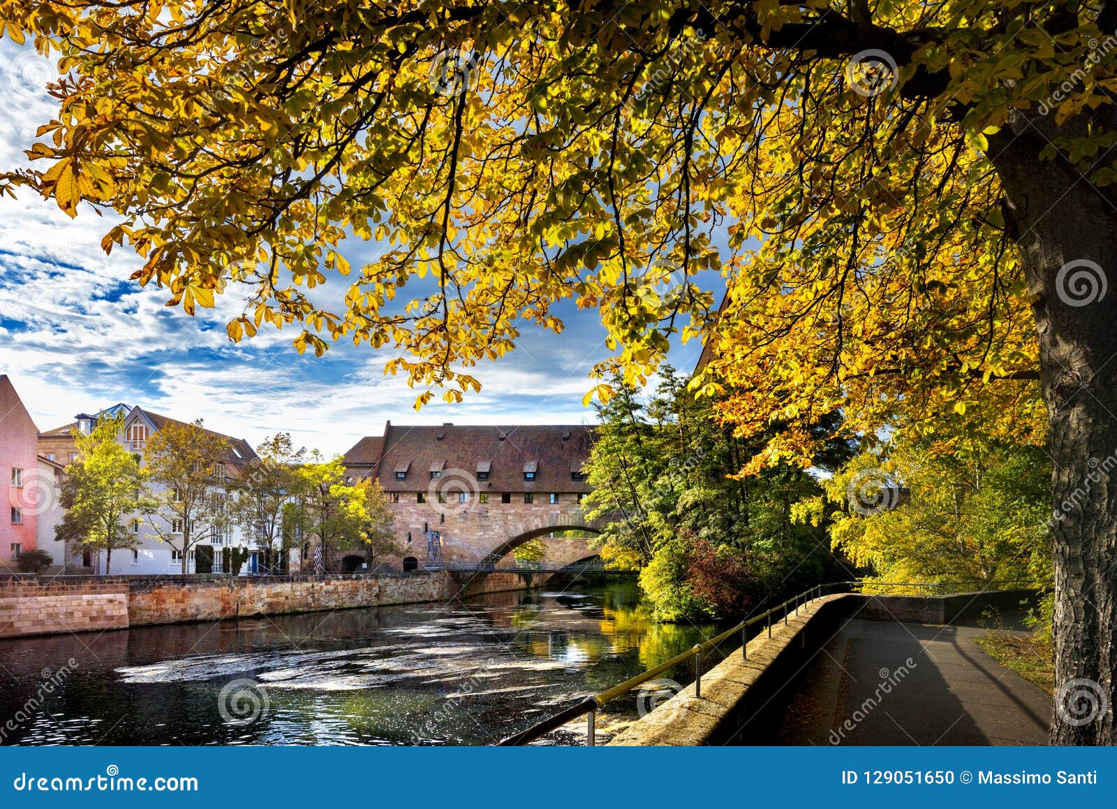 nuremberg, schlayer hallergate bridge over the pegnitz river. franconia, germany