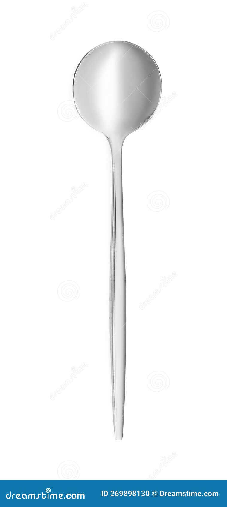 One New Shiny Dessert Spoon Isolated on White, Top View Stock Photo
