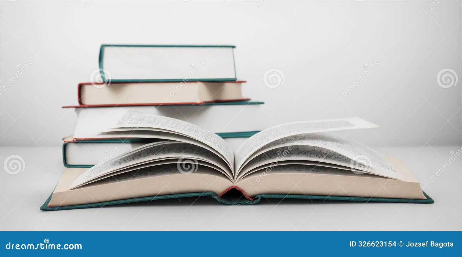 one open book beyond a heap of a few other ones. light grayish white background