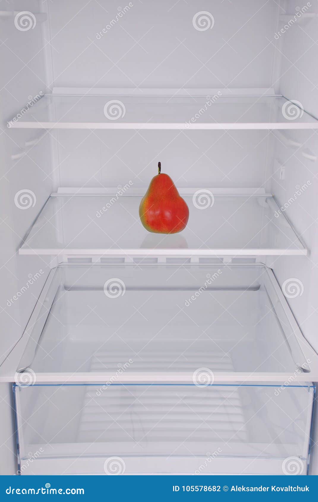 One Pear in Open Empty Refrigerator. Stock Photo Image of fruit