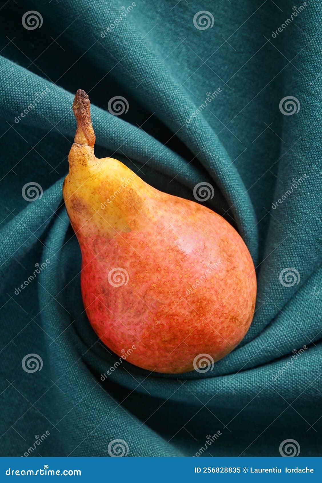 one pear on swirled cloth background