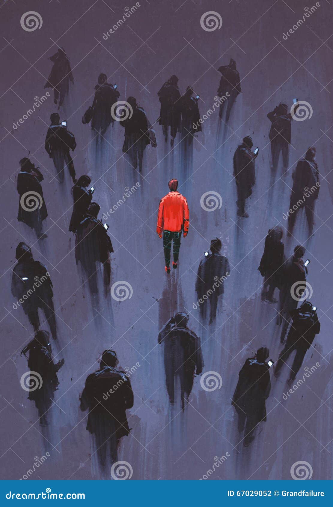 one red man standing with other people with phone,unique person in the crowd