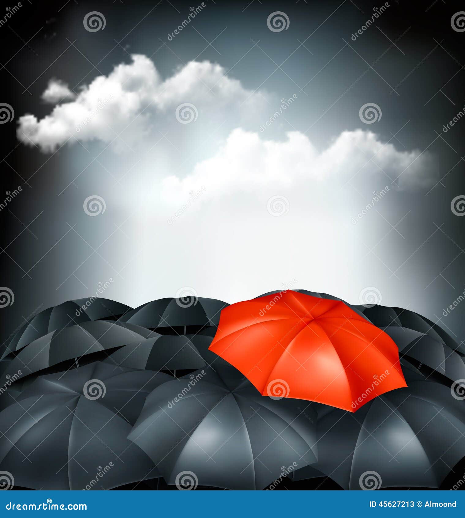 One Red Umbrella in a Group of Grey Umbrellas. Stock Vector