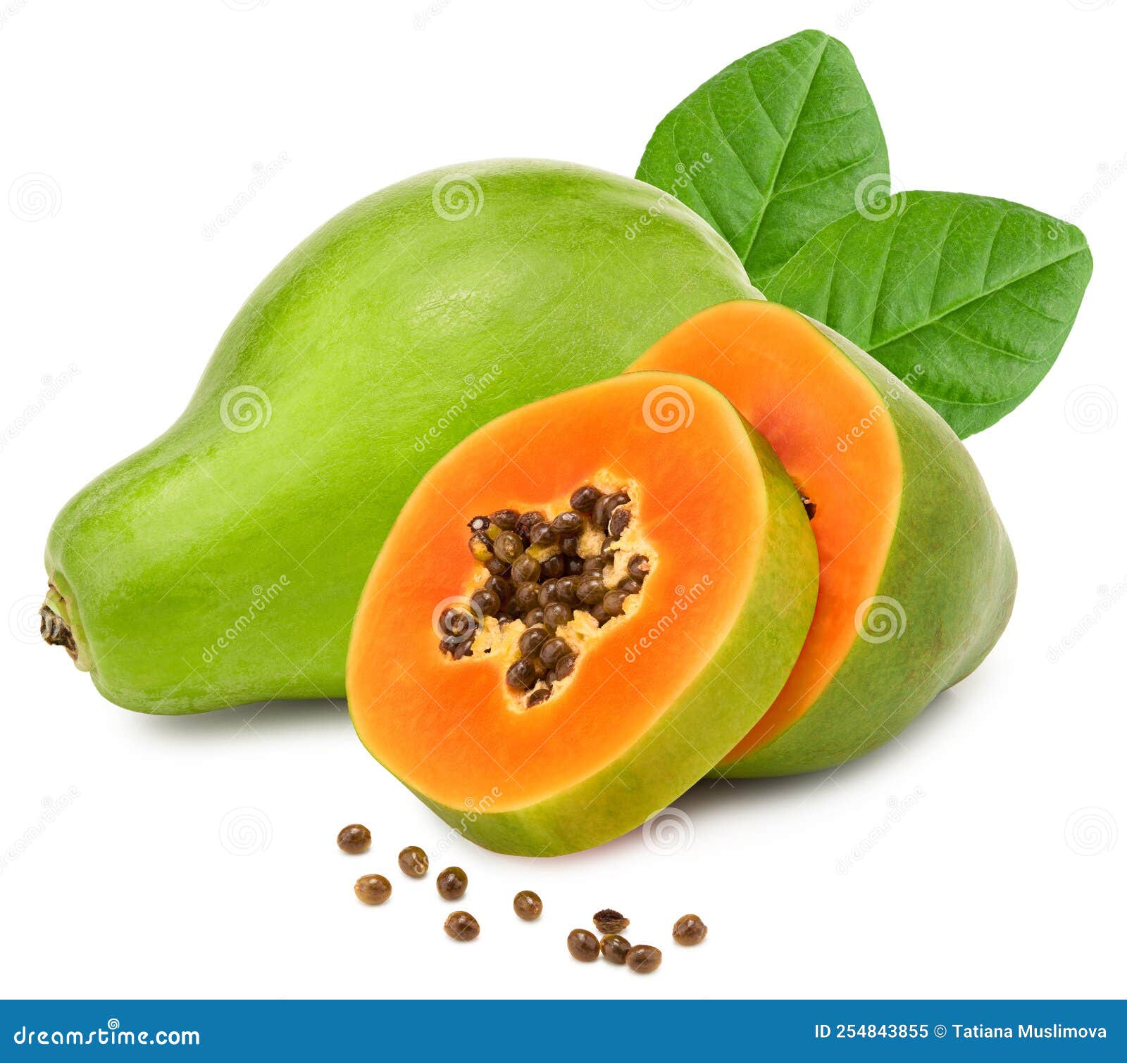 Sliced Ripe Papaya Fruit with Green Leaves Isolated on White Background