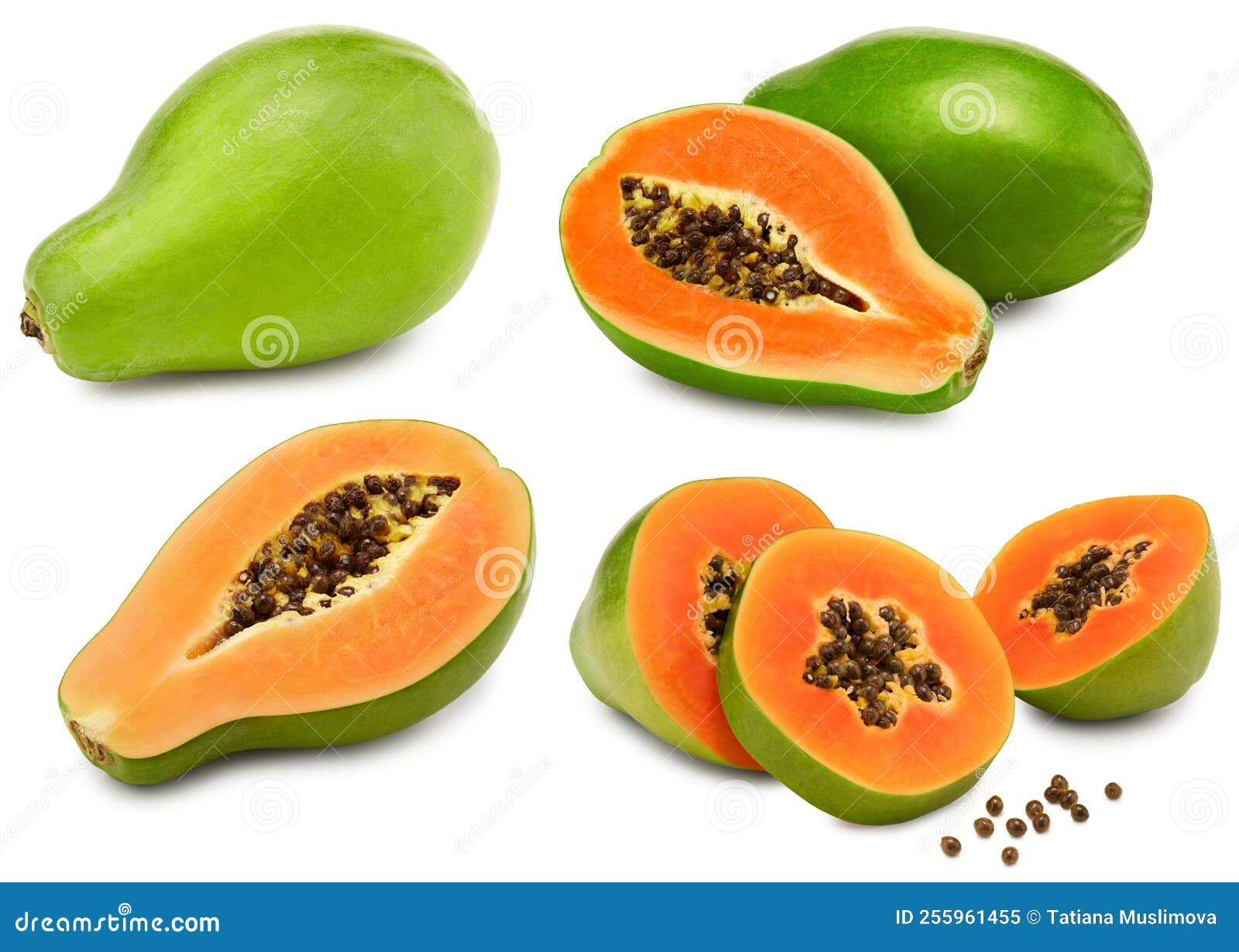 Ripe Papaya Fruit with Slices Isolated on White Background. Exotic