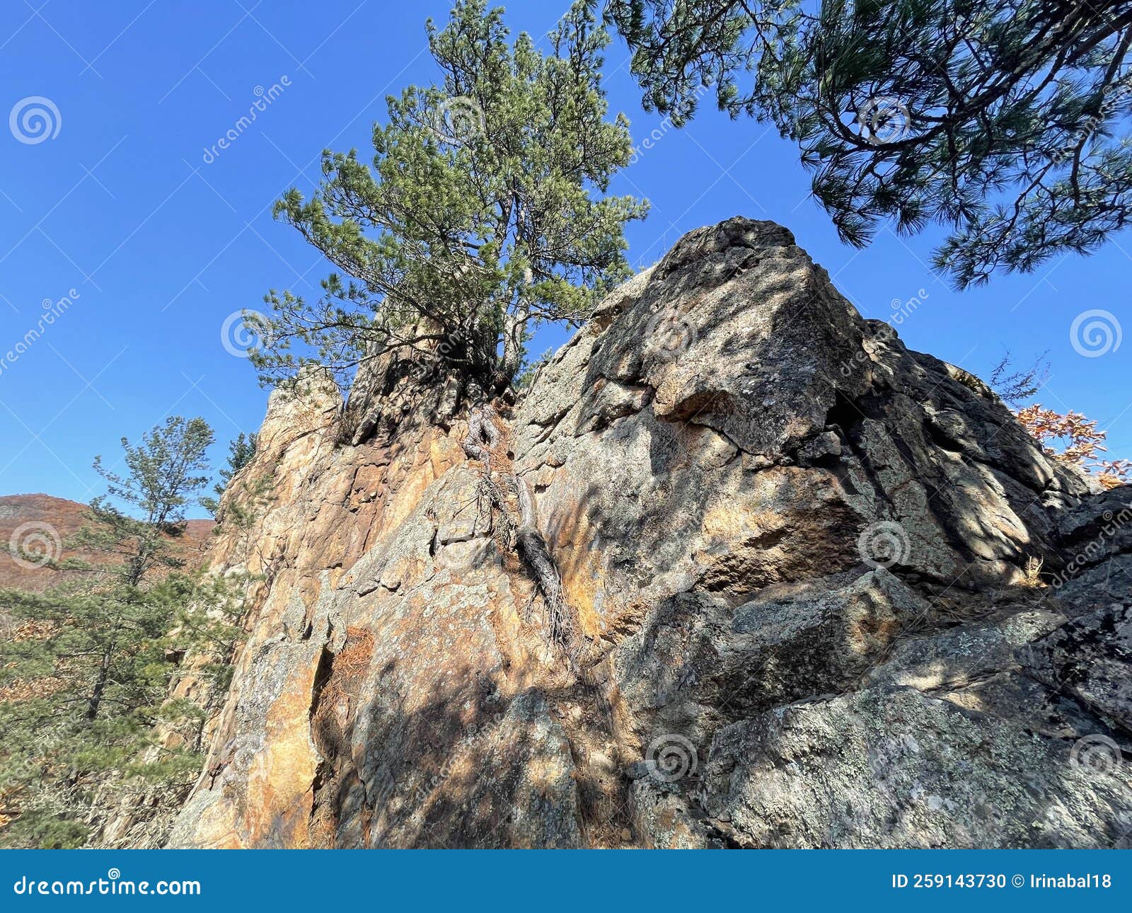 one of the rocks with facial features in the gorge of the cheeks of the dardanelles in october in sunny weather. russia, primorsky