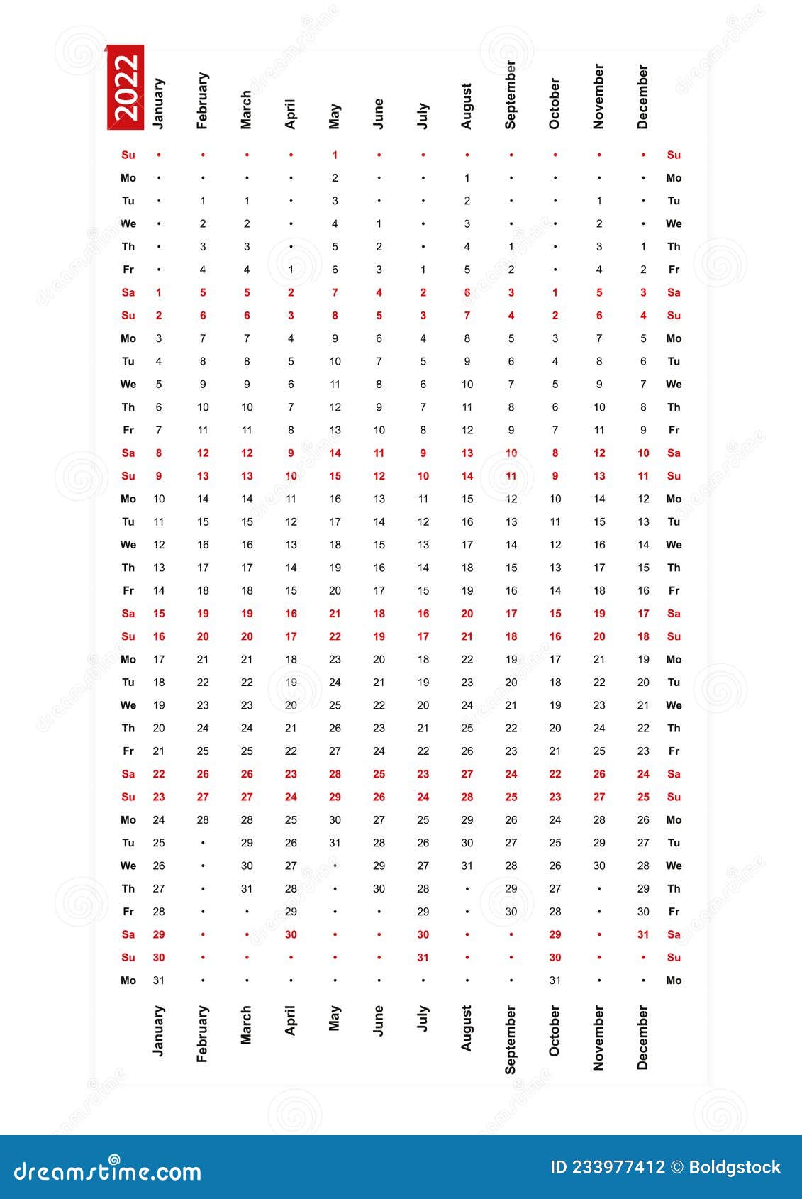 One Row Vertical Calendar 2022, Sunday First Day of the Week Stock