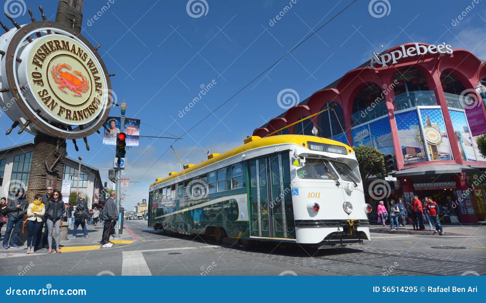 One of San Francisco s original PCC streetcars in Fisherman Mark. SAN FRANCISCO - MAY 15 2015:One of San Francisco s original double-ended PCC streetcars in Fisherman Market.In 2006 it served 46.7 square miles (121 km2) with an operating budget of about $700 million