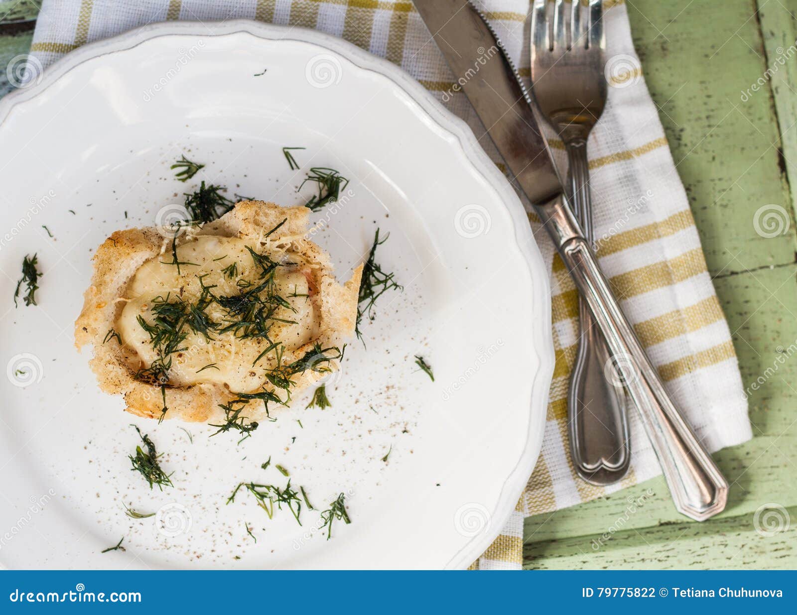 One Serving of Bread Pudding with a Liquid Egg in the Context of Stock