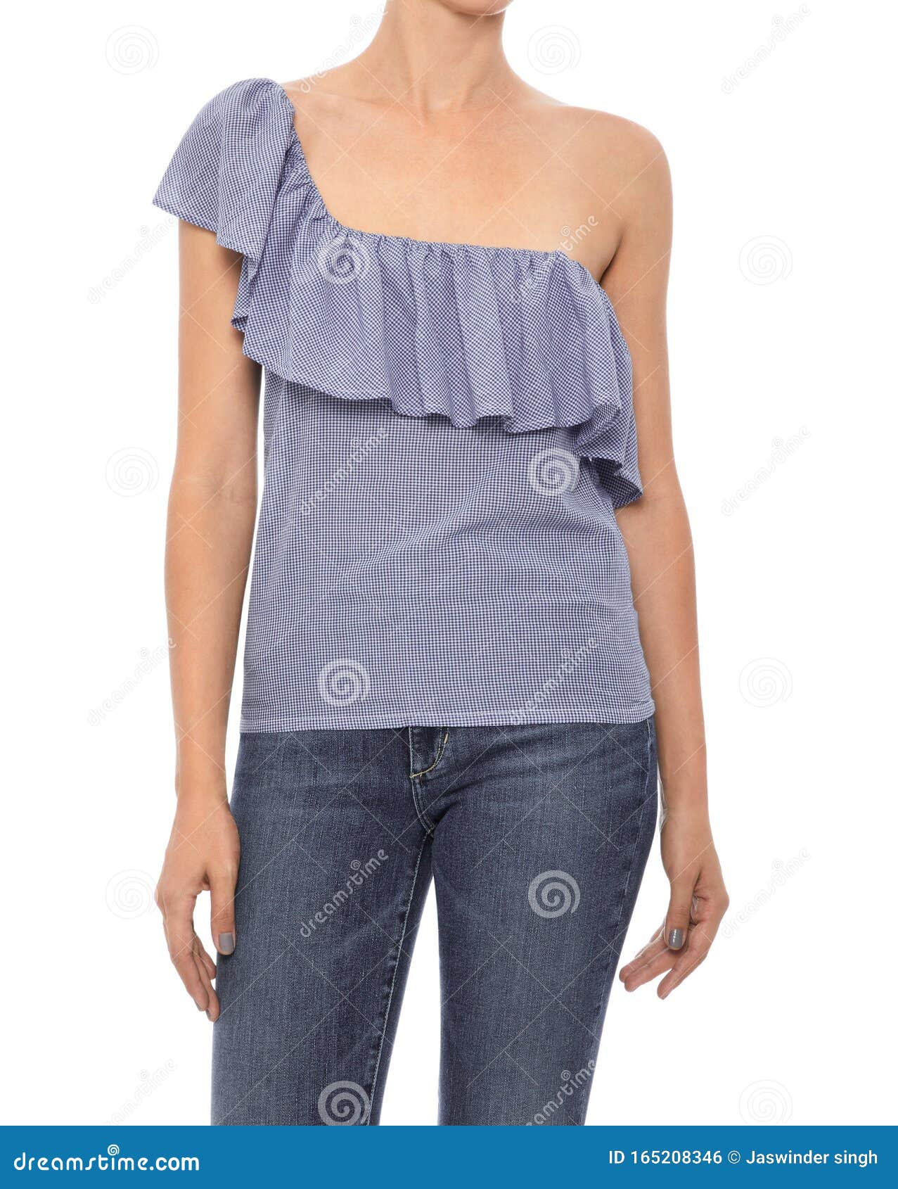 One Shoulder Top, Women`s One Shoulder Top, Denim Shaded Cotton One Piece  Dress with Frill on Shoulder Paired with Silver Heels Stock Photo - Image  of white, collection: 165208346
