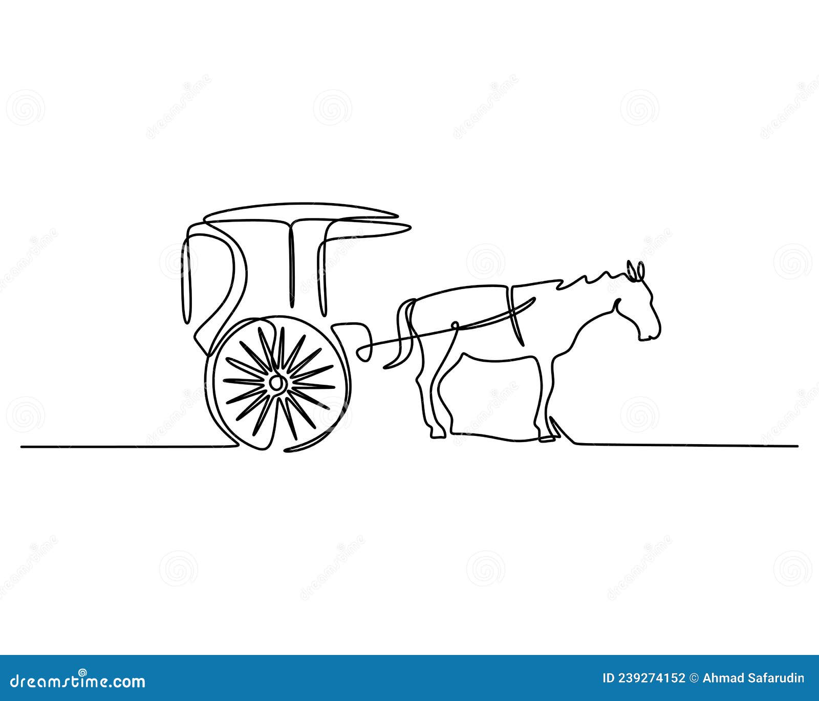 One Single Continuous Line of Wagon Carriage with Horse Pulling it