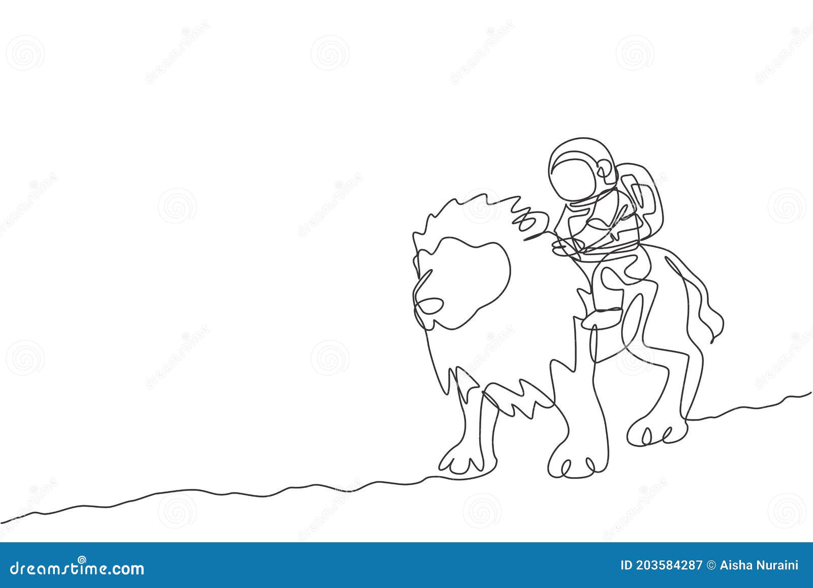 one single line drawing of astronaut riding lion, wild animal in moon surface  . cosmonaut safari journey