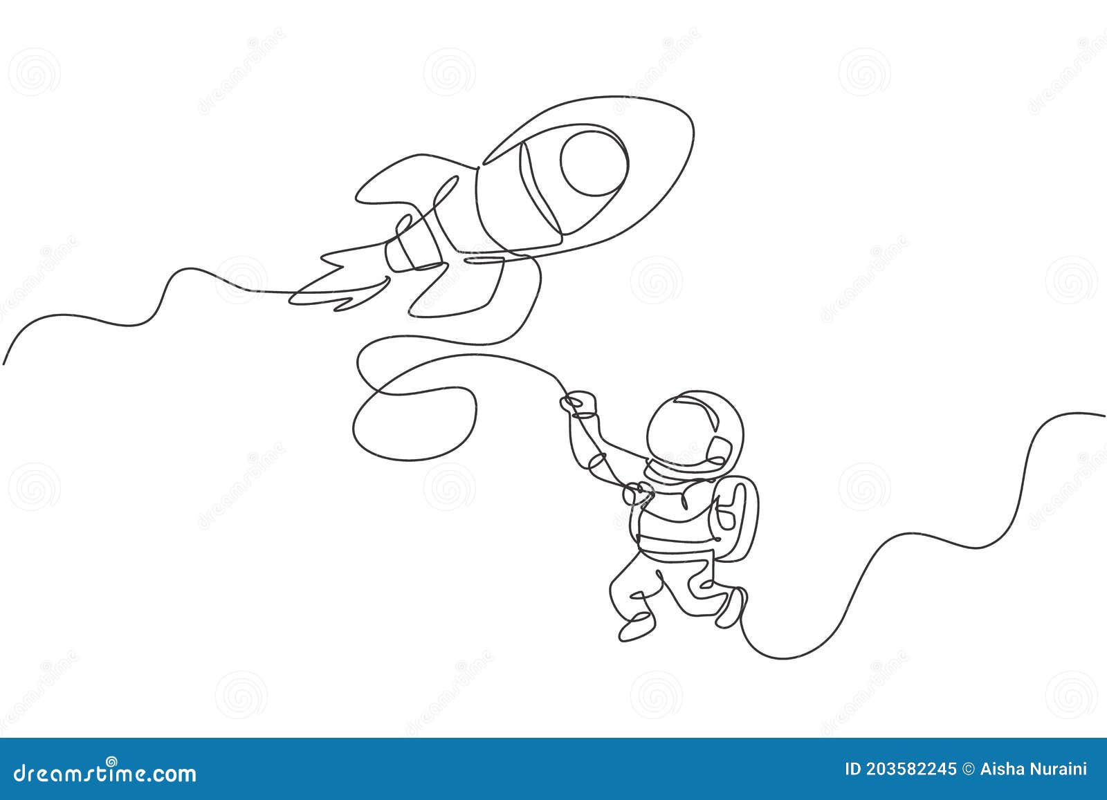 one single line drawing astronaut in spacesuit floating and discovering deep space with rocket spaceship  .
