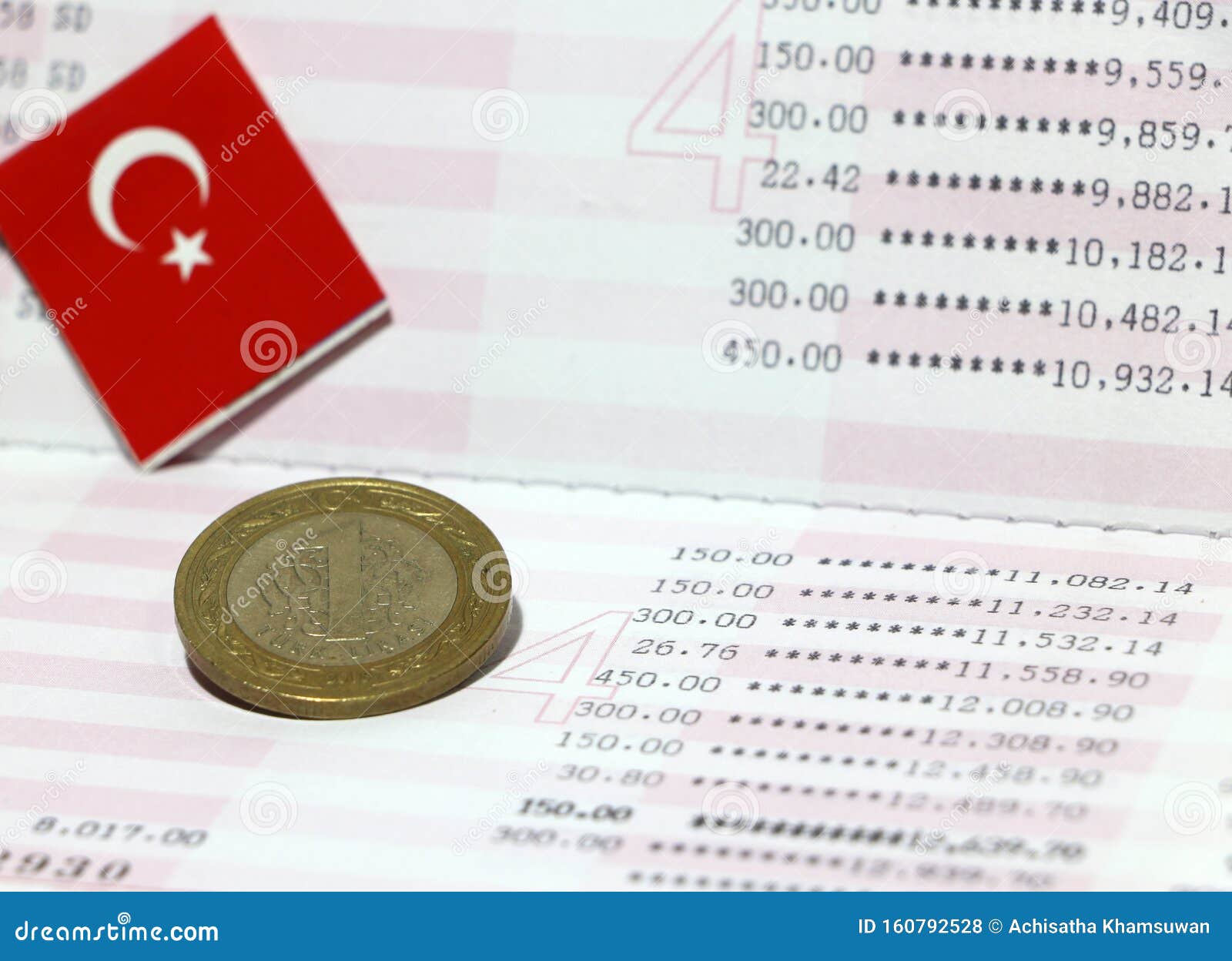 One Turk Lirasi or Turkish Lira Coin Money on Reverse and Mini Turkey Flag  on the Book Bank. Concept of Saving Money Stock Photo - Image of money,  heap: 160792528