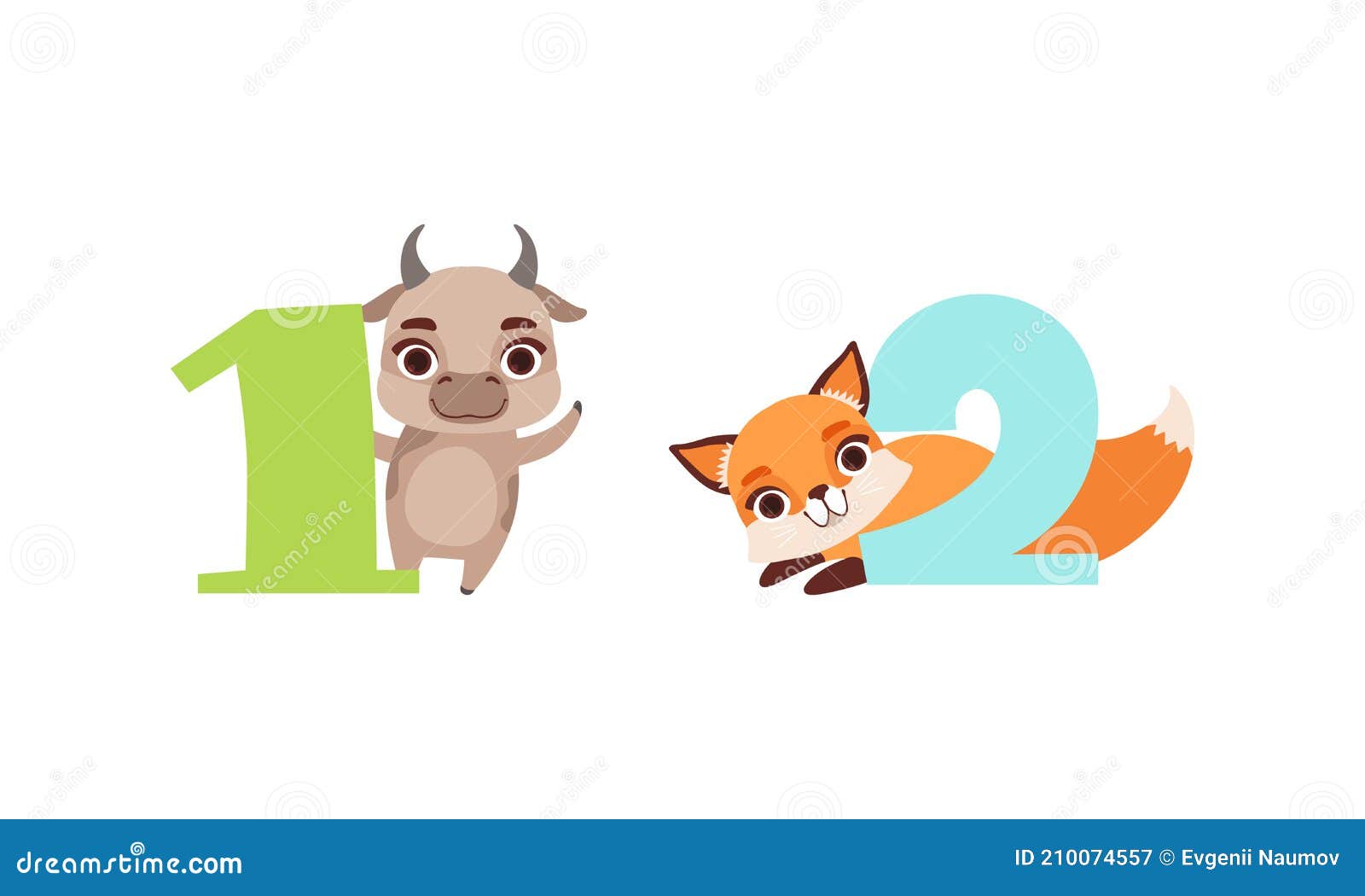 One and Two Numbers with Cute , Birthday Anniversary Numerals with Funny  Calf and Fox Animals Cartoon Vector Stock Vector - Illustration of cartoon,  character: 210074557