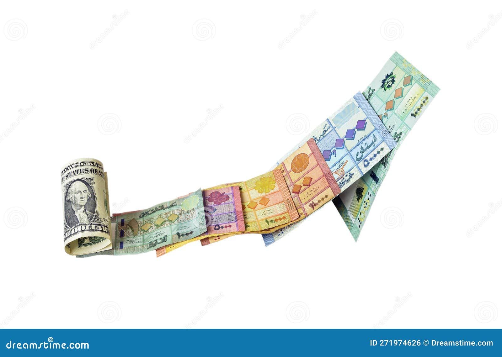 One US Dollar Bill Tipping Over Lebanese Pound Banknotes, Currency of