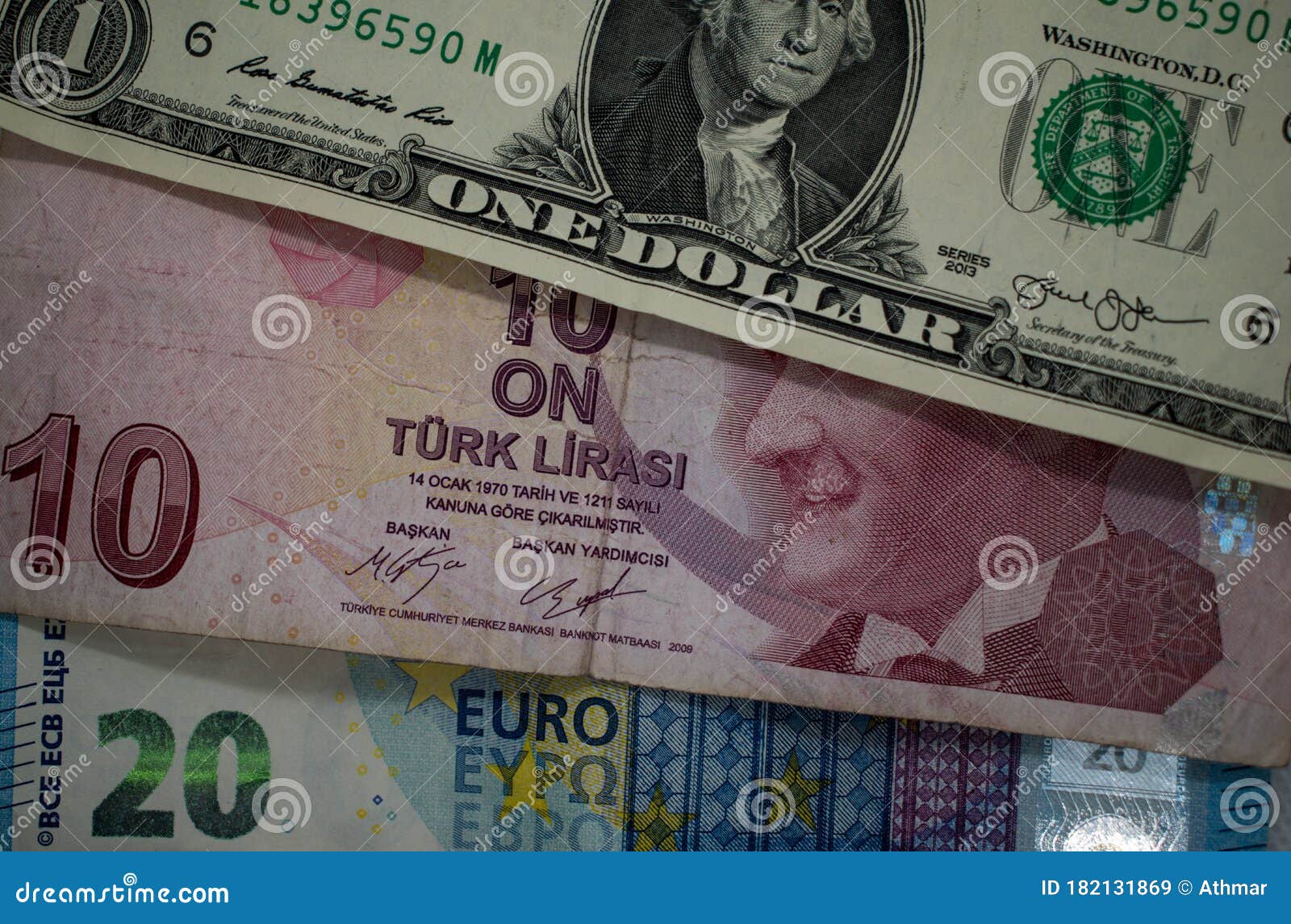 One US Dollar Bill, Turkish Lira and Euro Banknotes Close Up Image. Stock  Image - Image of finance, mixed: 182131869