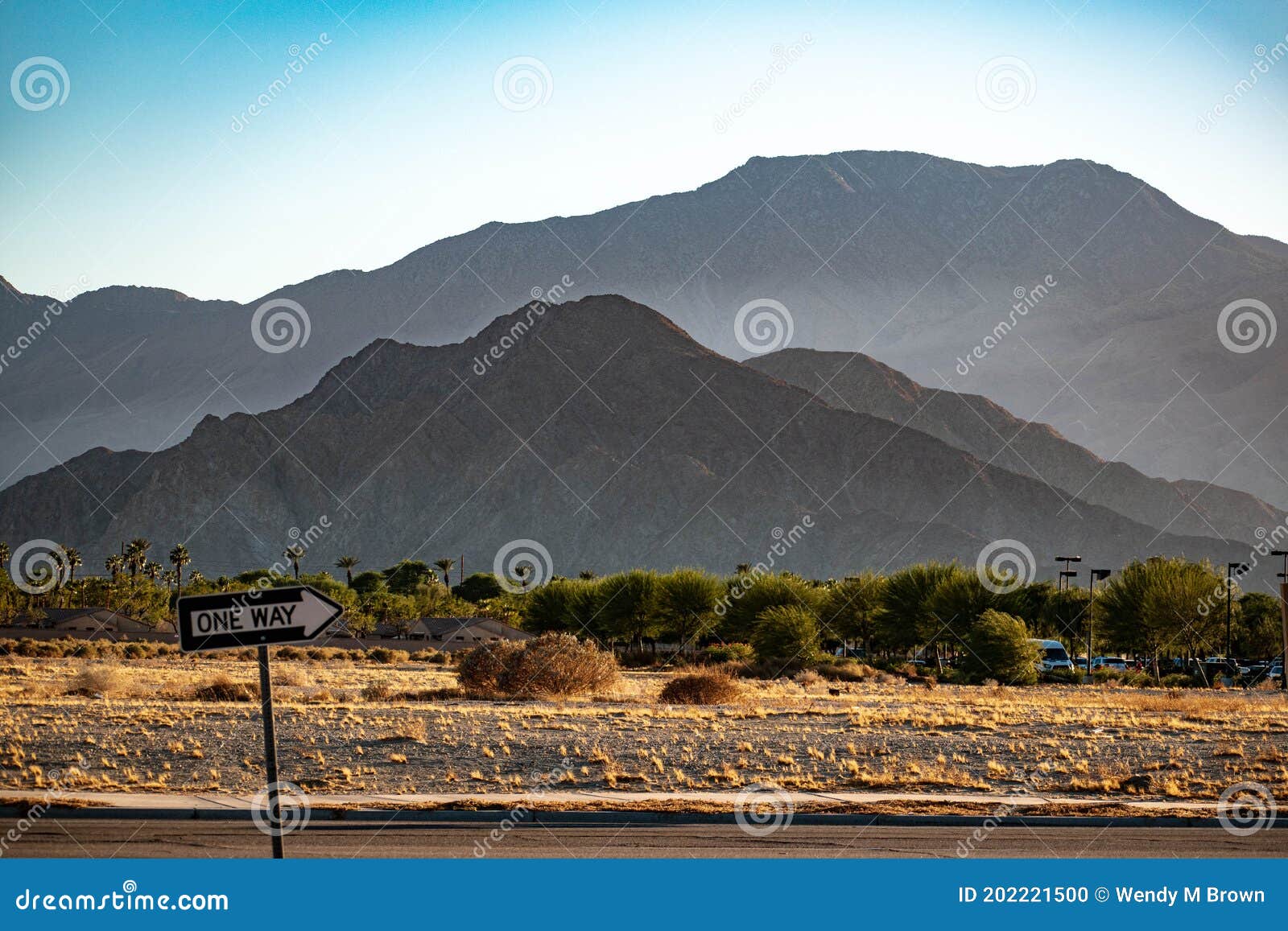 a one way sign by the side of the road in indio, california at sunset