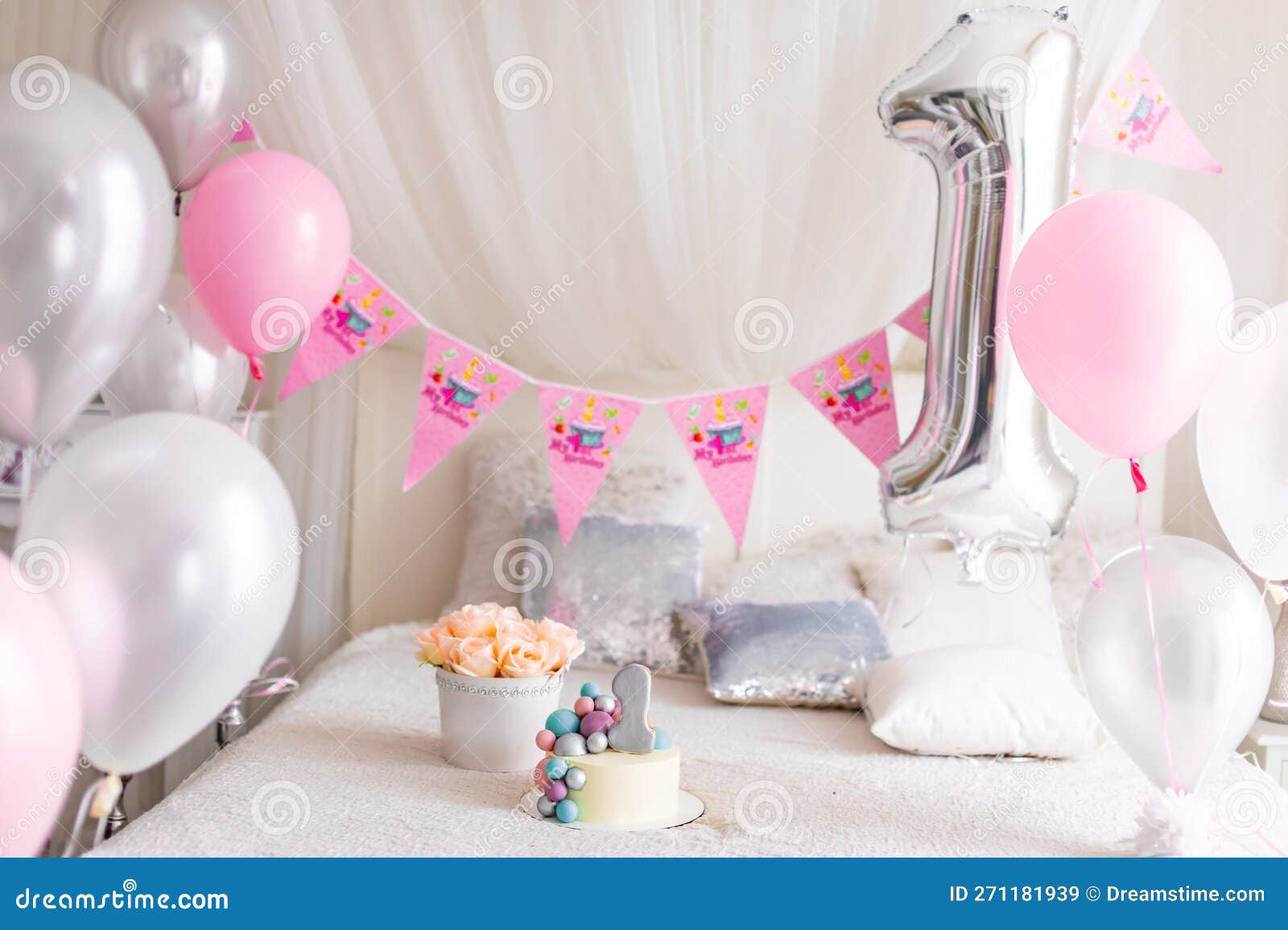 One Year Birthday Decorations for Beautiful Girl. Girls Style. a Lot of  Balloons Pink and White Style Stock Photo - Image of number, decoration:  272098210