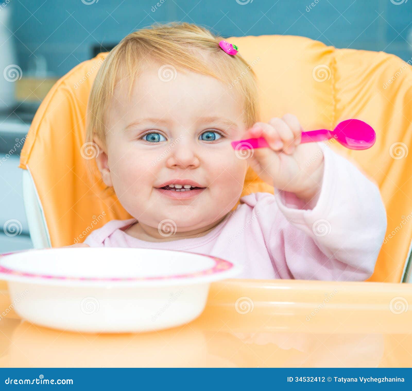 One Year Old Girl In A Highchair For Feeding Stock Photo Image