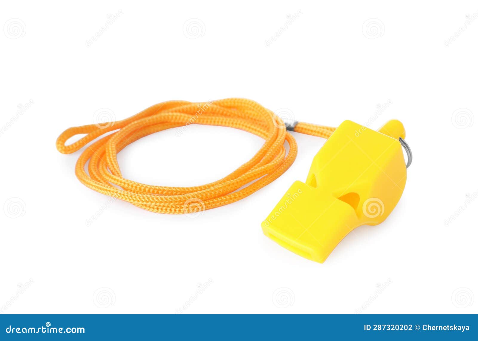 One Yellow Whistle with Orange Cord Isolated on White Stock Photo