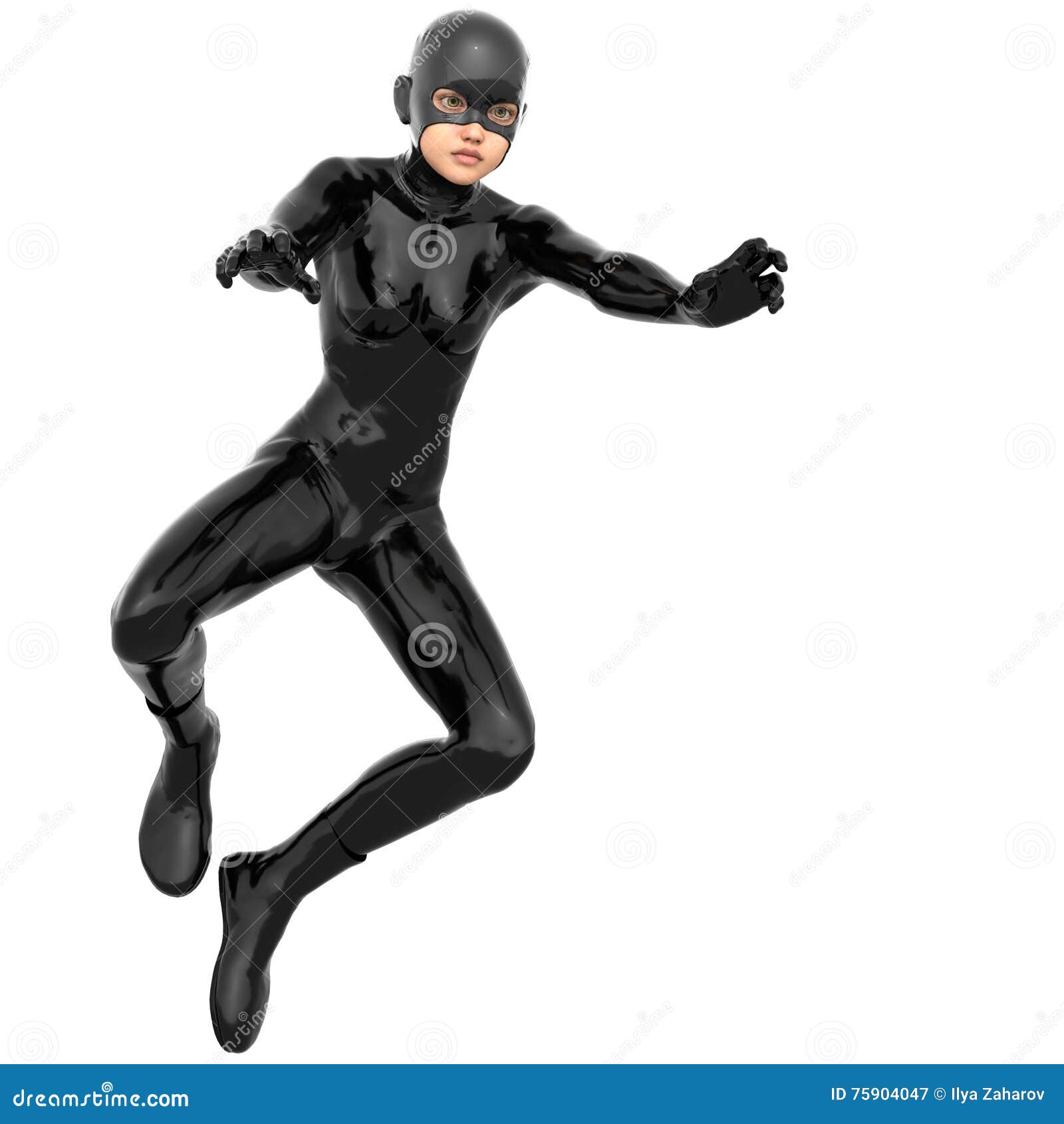 one young girl in a tight black super suit. Sitting on her knees and asks  Stock Illustration