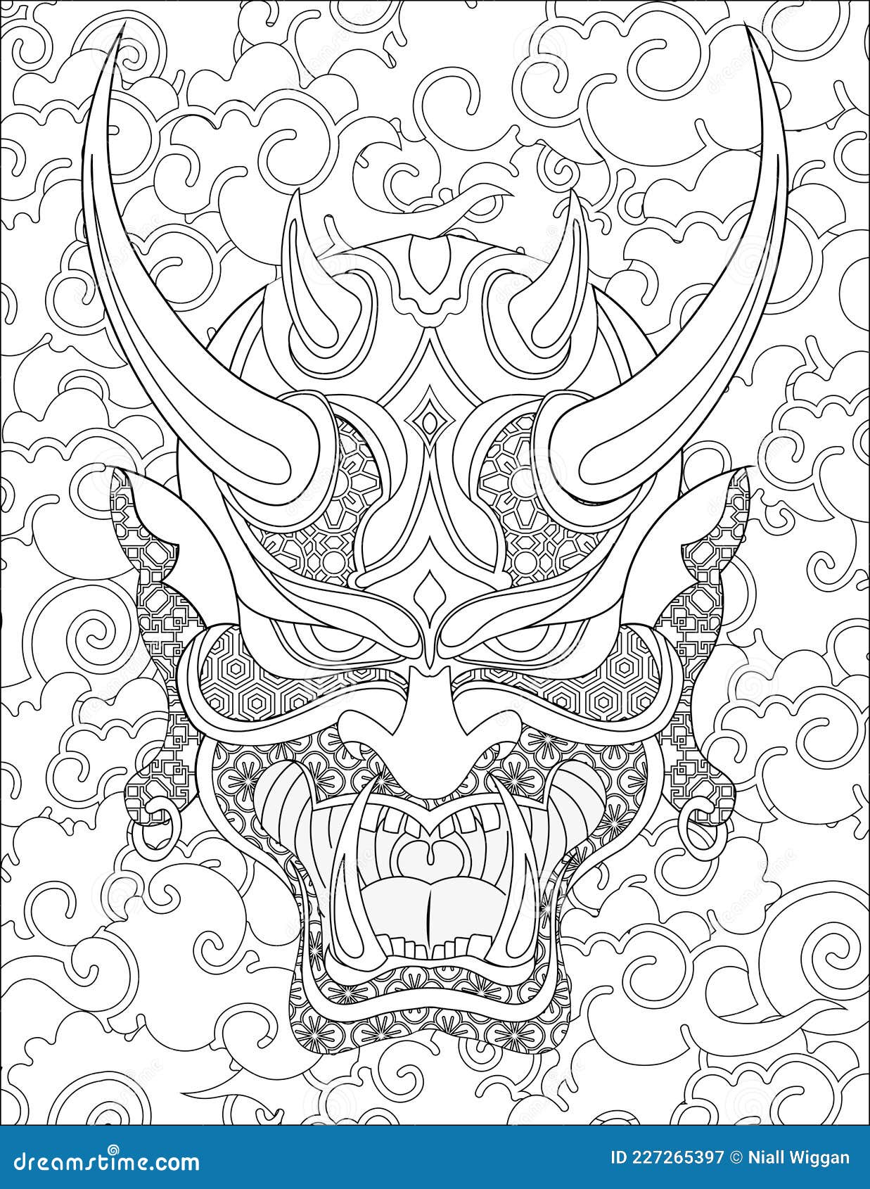 Oni Mask Facing Forward Cloudy Background Colorless Line Drawing. Japanese Demon Face Disguise with Horns Stock - Illustration of pattern, 227265397