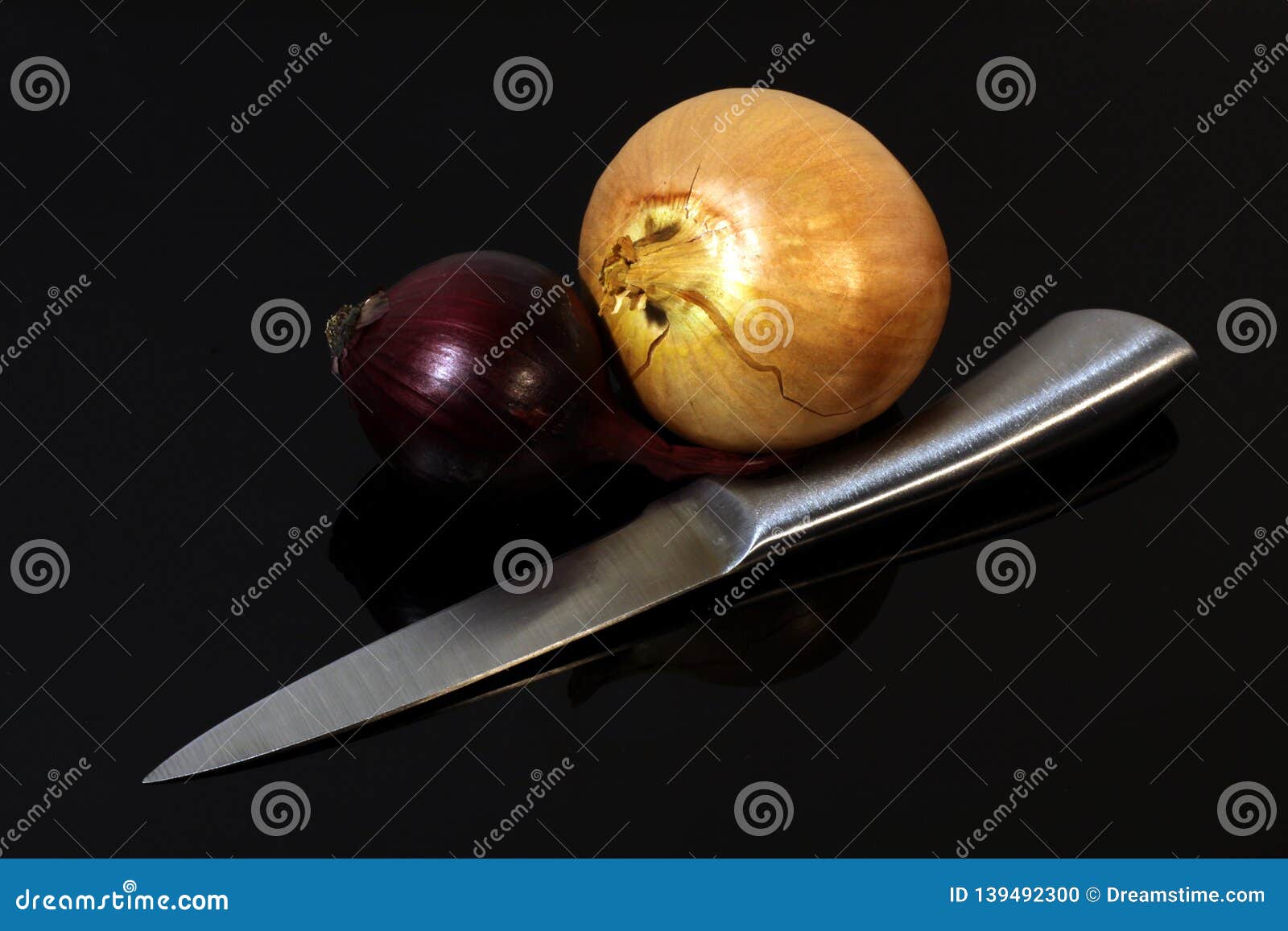 Onions Blue Onions and a Knife on a Mirror Table Stock Photo Image of