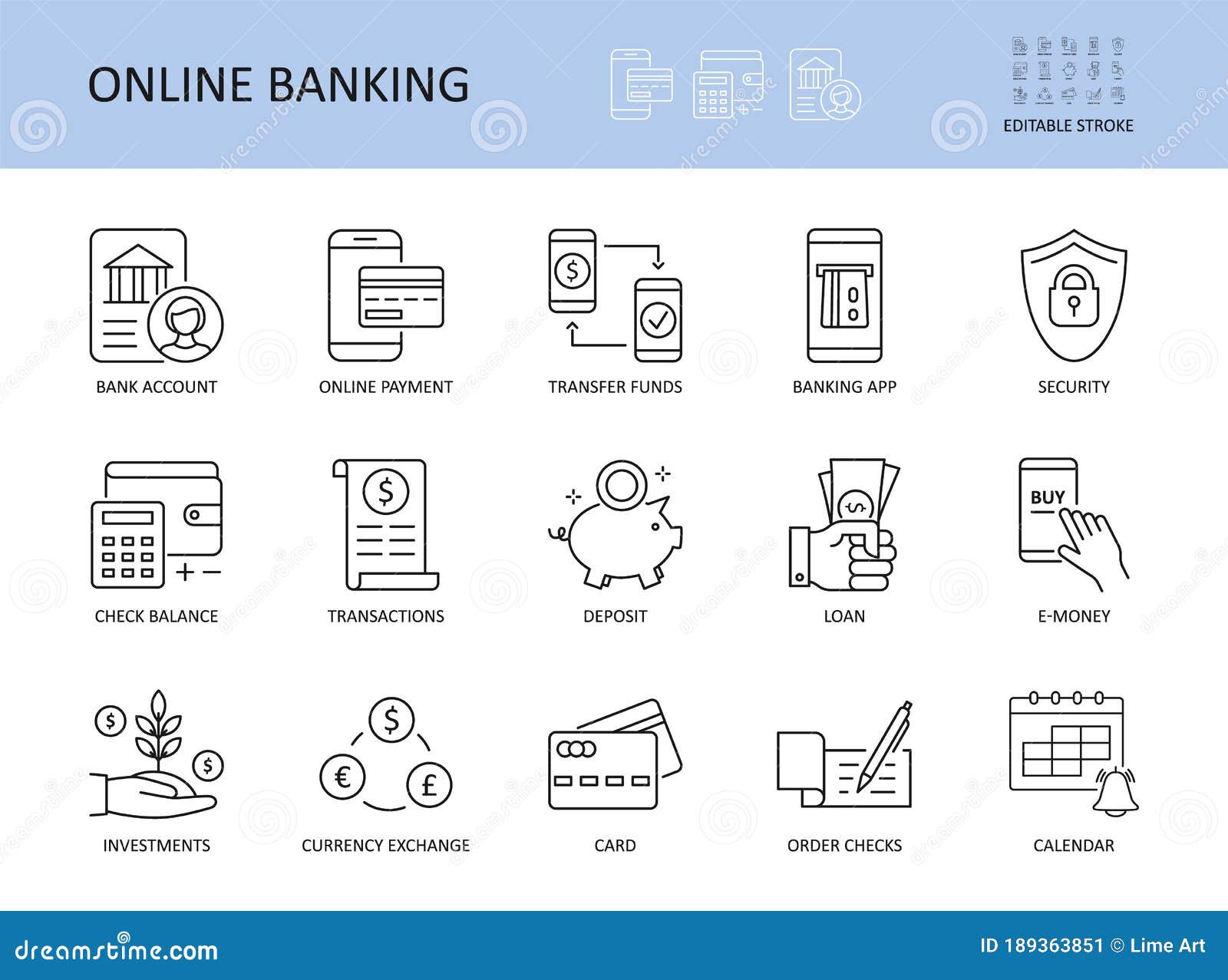 online banking. editable stroke  icons. bank account emoney transfer funds online payment. list of recent transaction