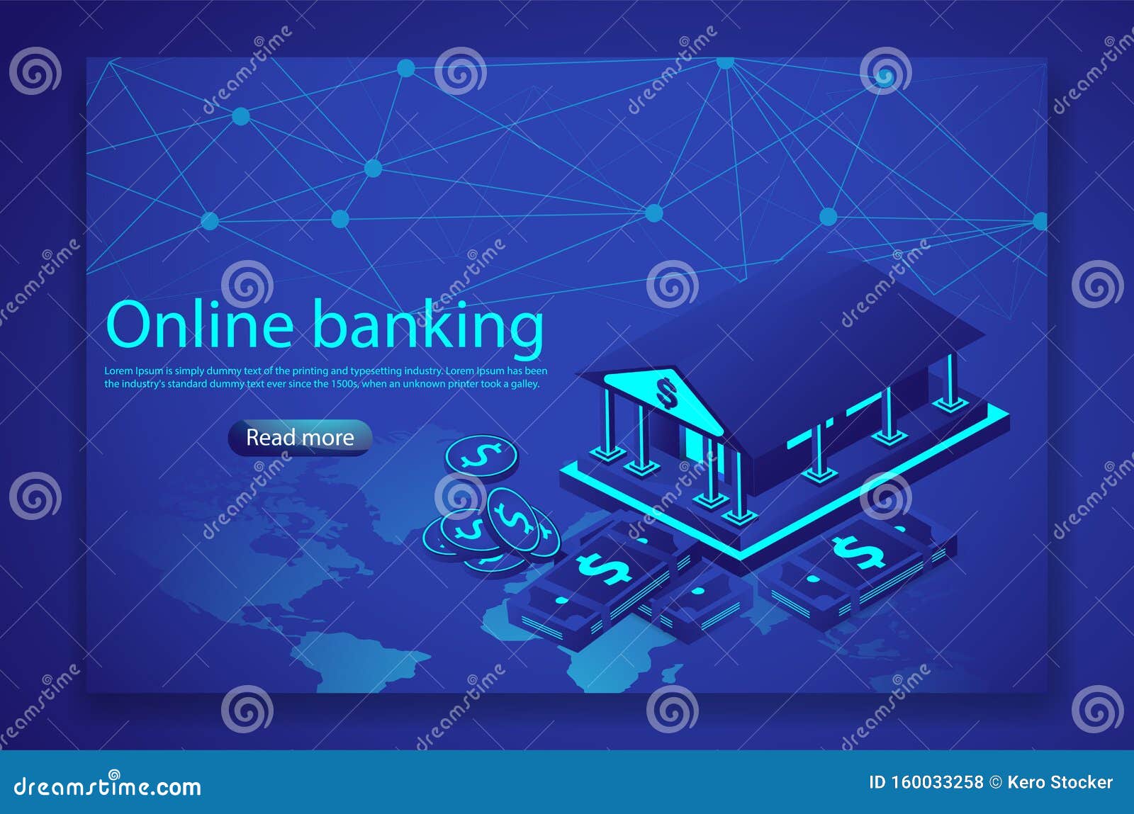 Online Business and Financial Concept. Isometric Banking with Dollar Coin  and Banknote on Futuristic World Map Background Stock Vector - Illustration  of coin, background: 160033258