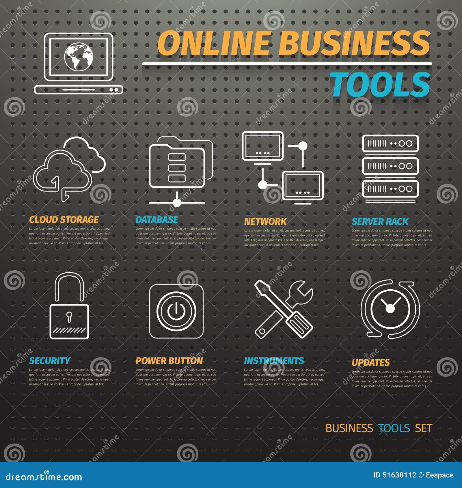 online business tools on dark pegboard