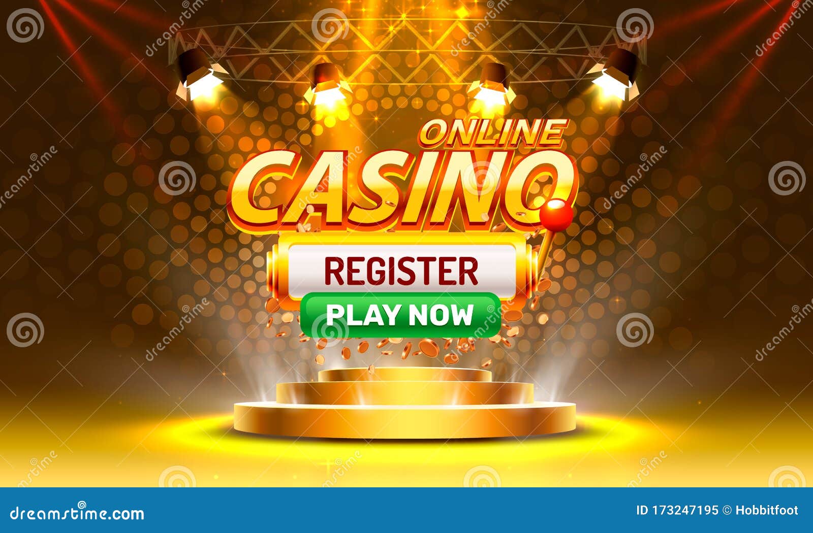 Online Casino Coin, Cash Machine Play Now Register. Stock Vector