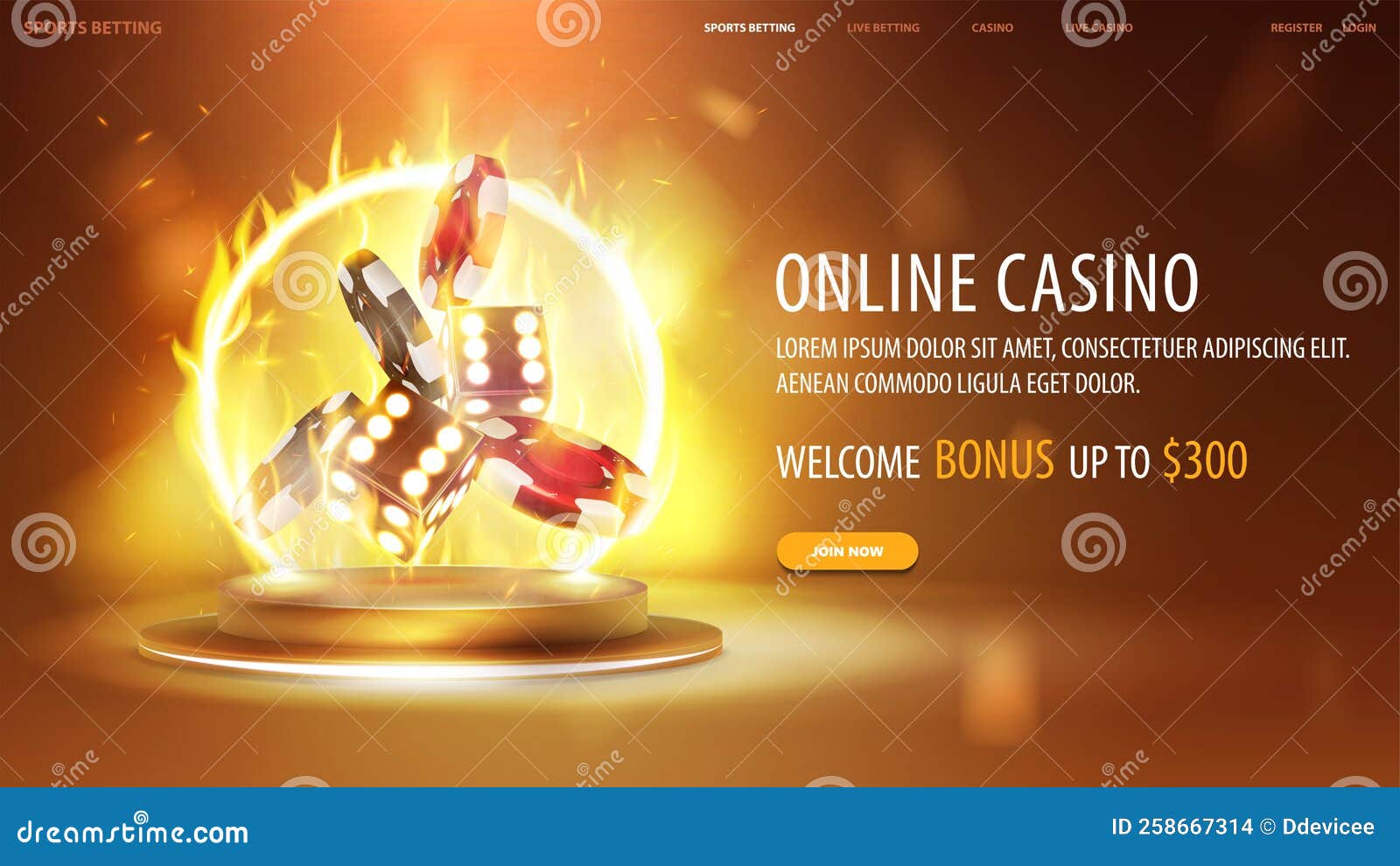 online casino yellow banner gold d dice stack chips podium neon ring fire realistic vector illustration 258667314
